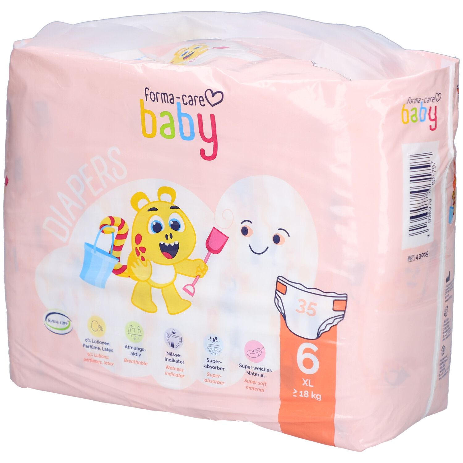 Paquet rose de couches forma-care baby taille 6 XL. Illustrations et caractéristiques visibles. Inscription: 6 XL, 18 kg.