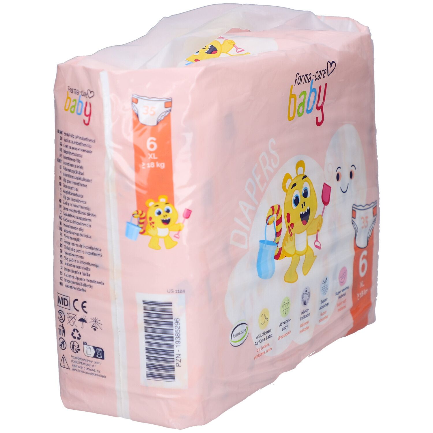 Paquet rose de couches forma-care baby taille 6 XL. Vue latérale avec informations et code-barres. Inscription: 6 XL, 18 kg.