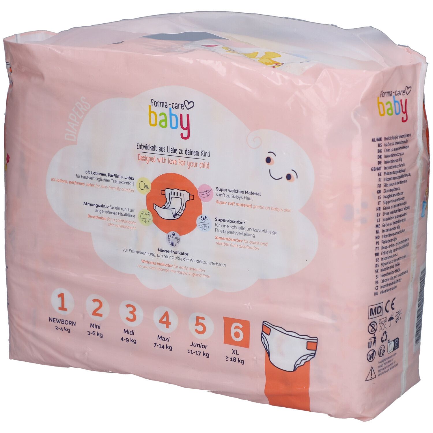 Paquet rose de couches forma-care baby. Dos avec informations et tailles. Inscription: tailles 1-6.