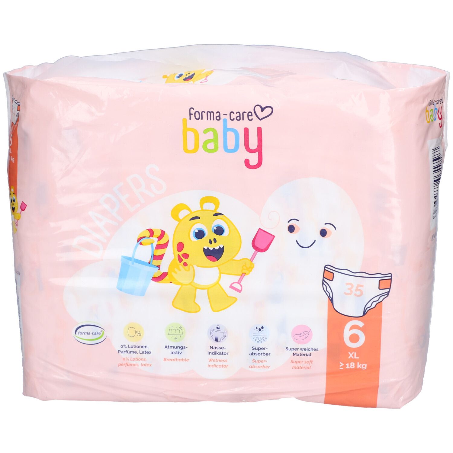Paquet rose de couches forma-care baby taille 6 XL. Illustrations et caractéristiques visibles. Inscription: 6 XL, 18 kg.