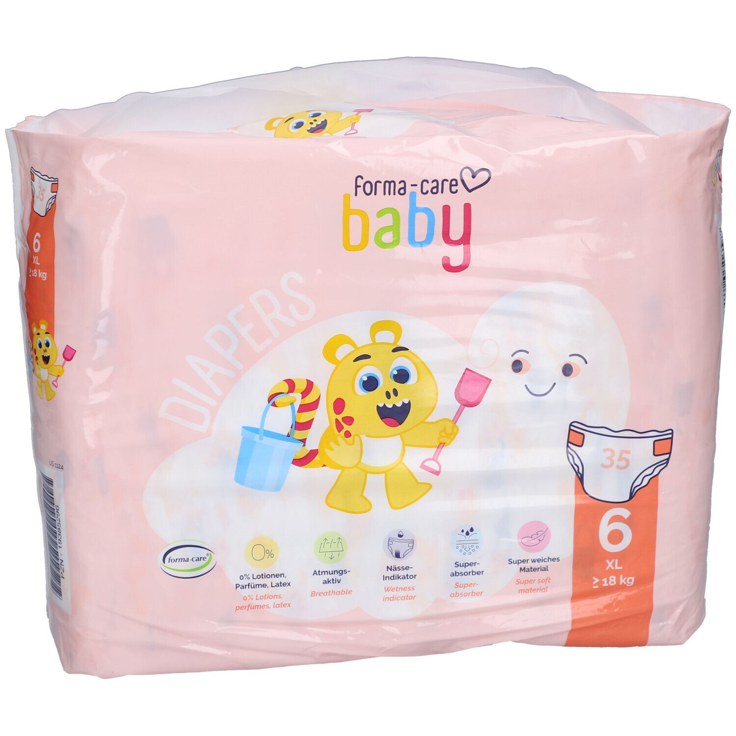 Paquet rose de couches forma-care baby taille 6 XL. Illustrations et caractéristiques visibles. Inscription: 6 XL, 18 kg.