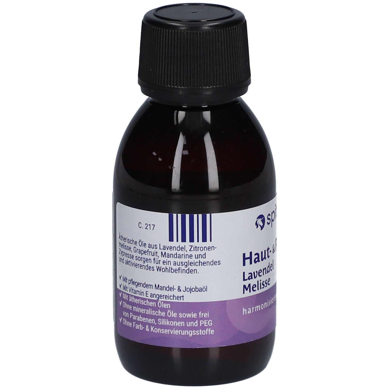 Flacon brun avec bouchon noir. Étiquette avec code-barres et texte: Huiles essentielles de lavande, citron, pamplemousse, mandarine.