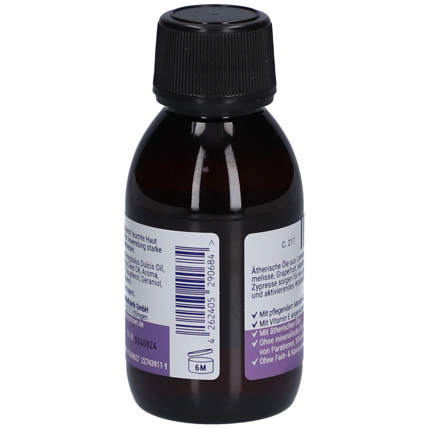 Flacon brun avec bouchon noir. Étiquette avec code-barres et texte: Huiles essentielles de lavande, cyprès, pamplemousse, mandarine.