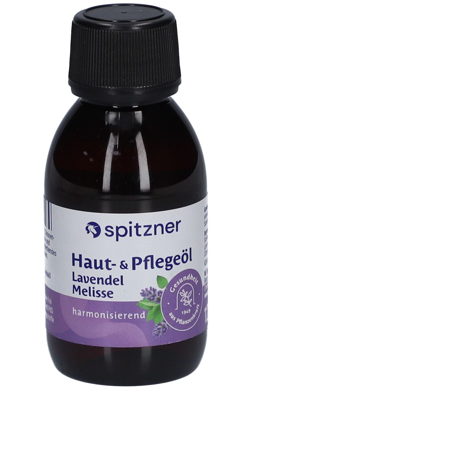 Flacon brun avec bouchon noir. Étiquette Spitzner, Huile de soin Lavande Mélisse, harmonisant.