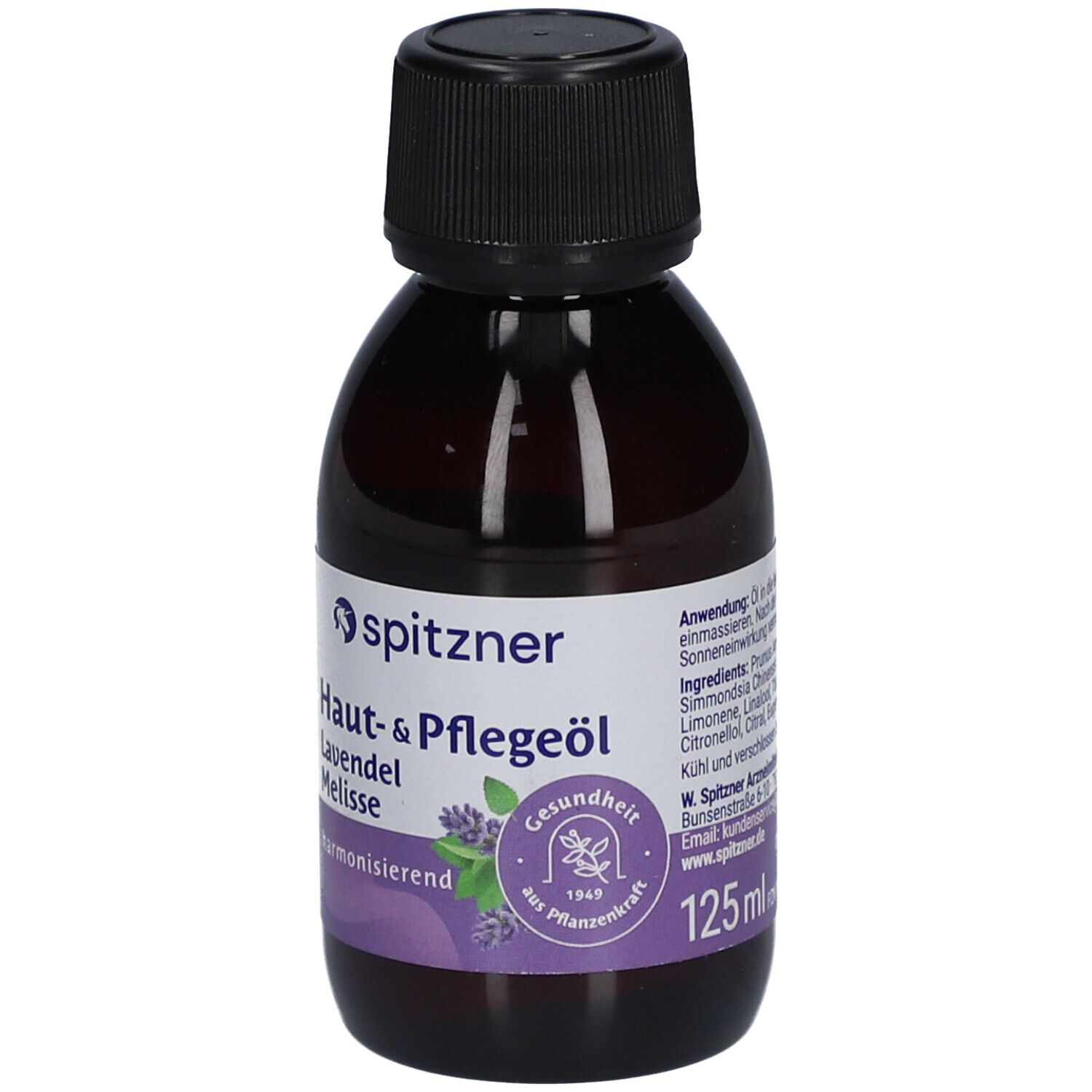 Flacon brun avec bouchon noir. Étiquette Spitzner, Huile de soin Lavande Mélisse, harmonisant, 125ml.