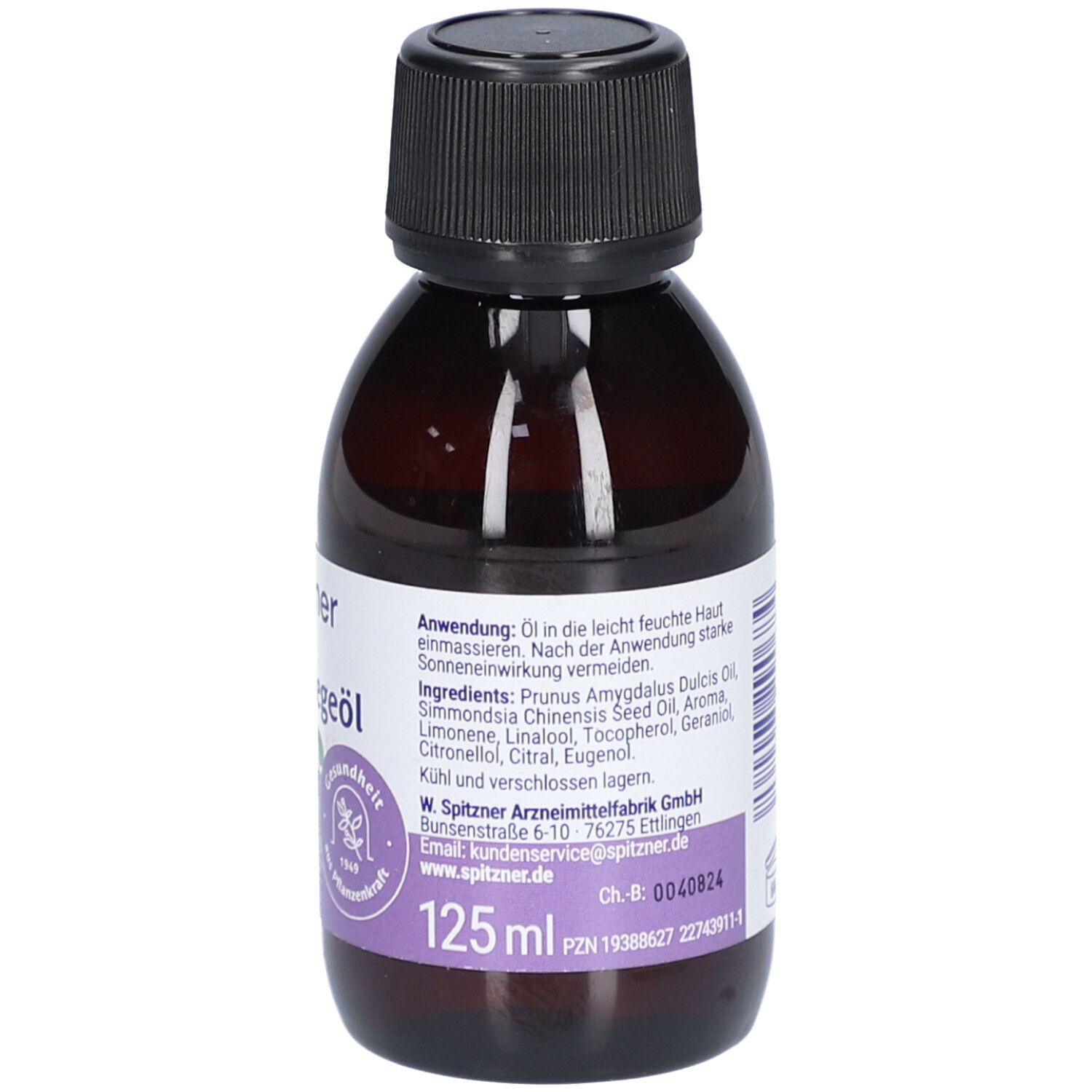 Flacon brun avec bouchon noir. Étiquette Spitzner, Huile de soin Lavande Mélisse, harmonisant, 125ml.