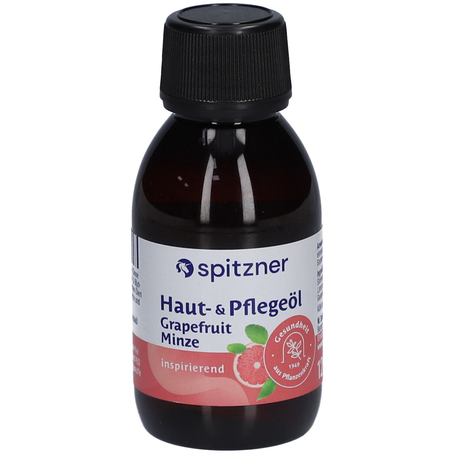 Braune Flasche mit schwarzem Deckel. Etikett mit Spitzner-Logo und Produktbezeichnung: Haut-& Pflegeöl Grapefruit-Minze.