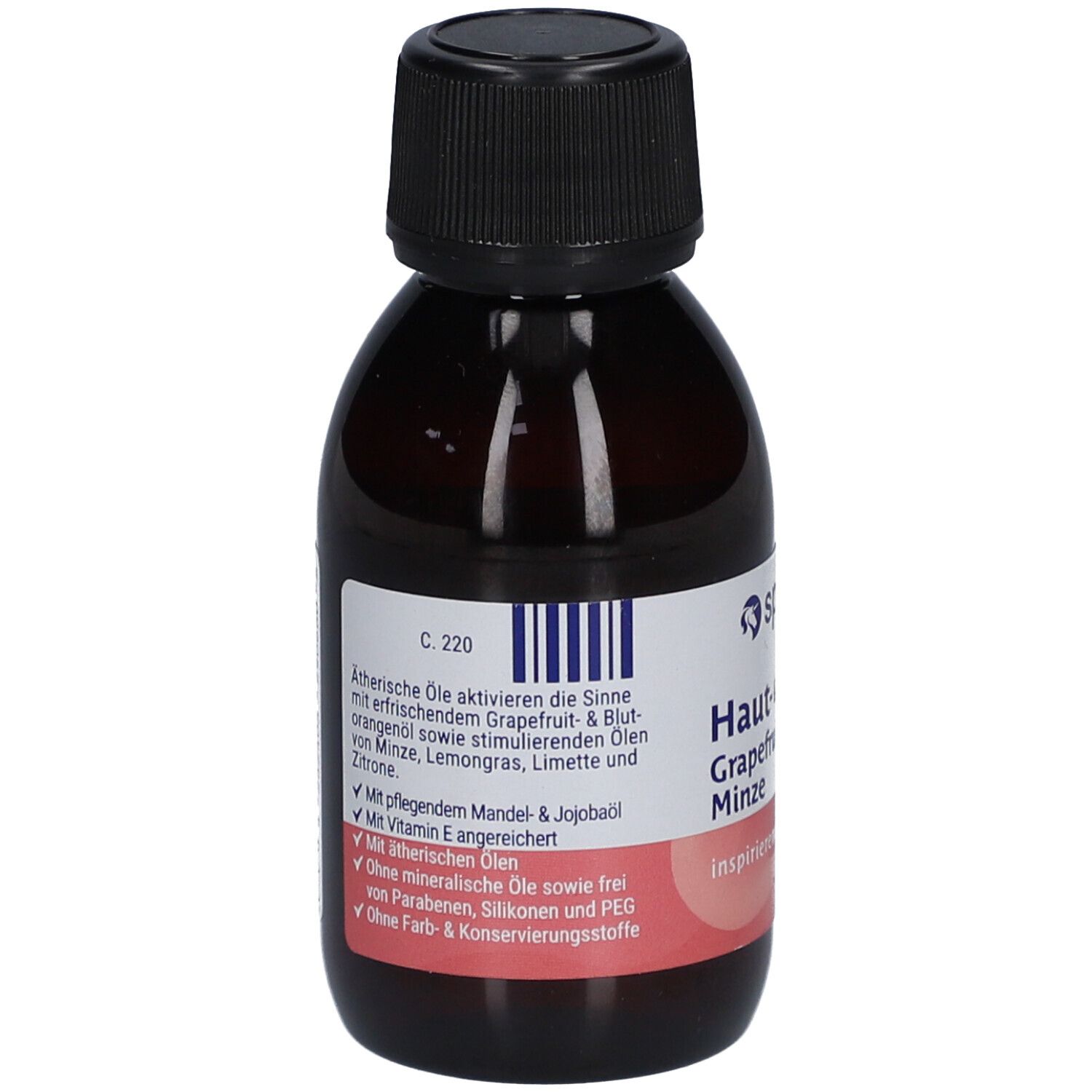 Braune Flasche mit schwarzem Deckel. Etikett mit Produktinformationen, u.a. Inhaltsstoffe und Hinweise. Barcode.