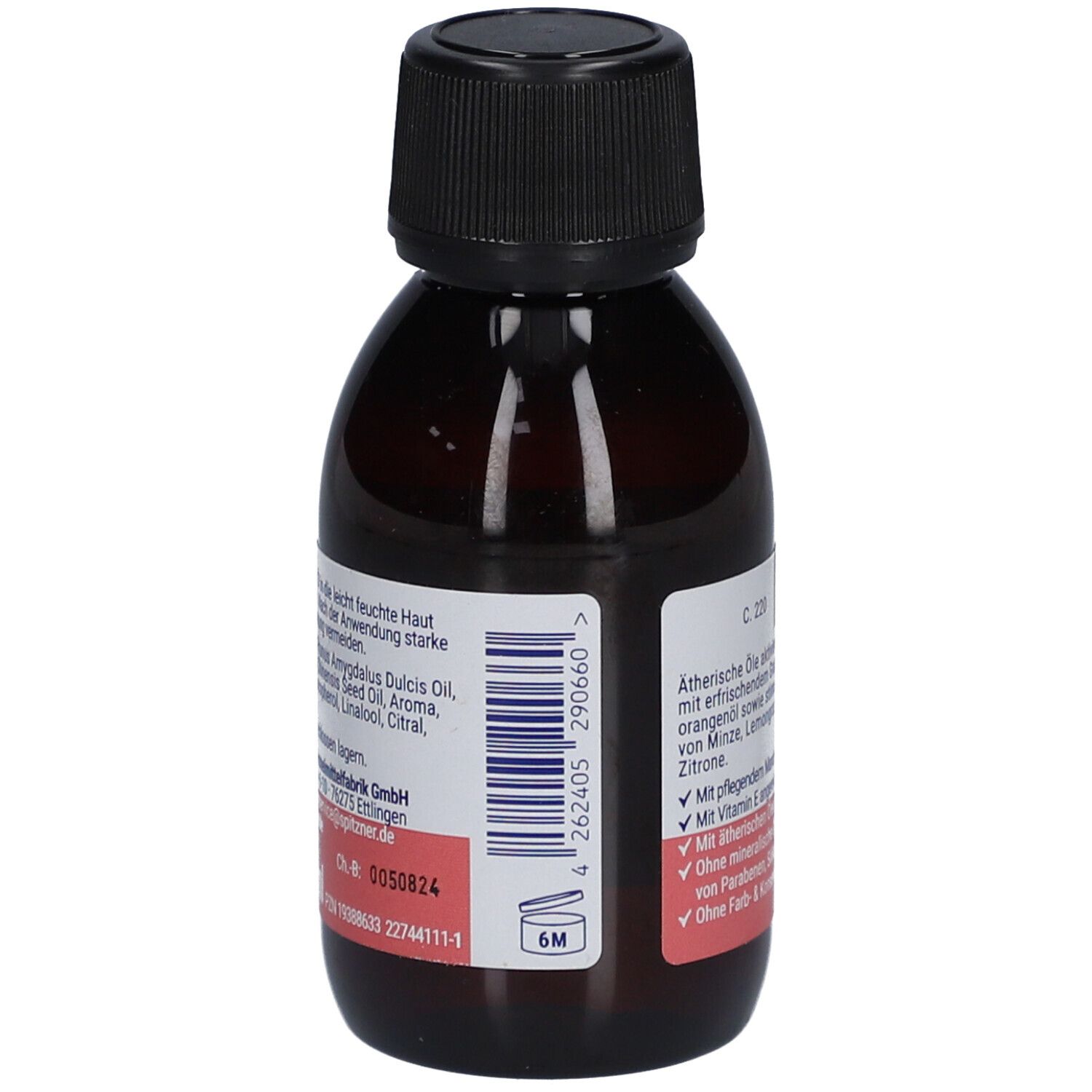Braune Flasche mit schwarzem Deckel. Rückseite mit Produktinformationen, Barcode und Haltbarkeitsangabe: 6M.