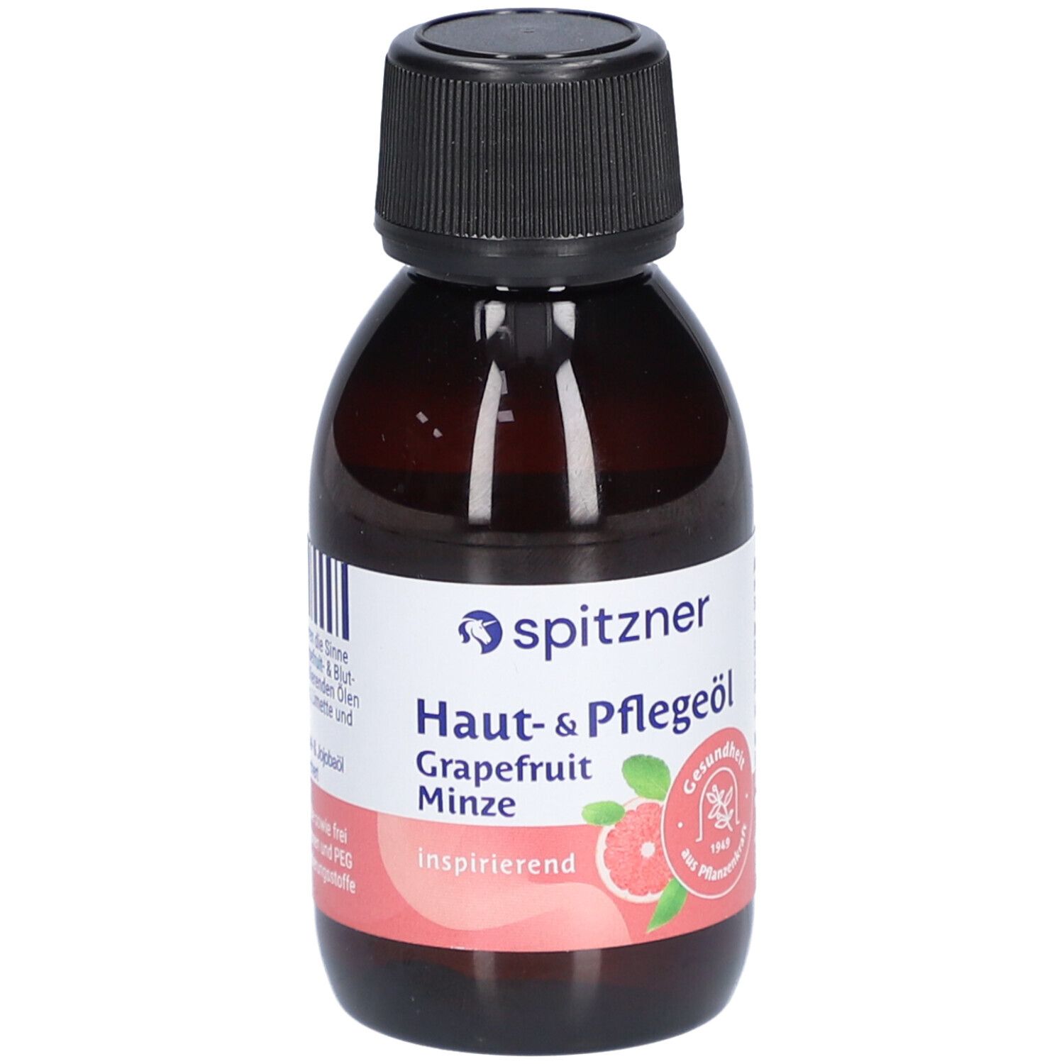 Braune Flasche mit schwarzem Deckel. Etikett mit Spitzner-Logo und Produktbezeichnung: Haut-& Pflegeöl Grapefruit-Minze.