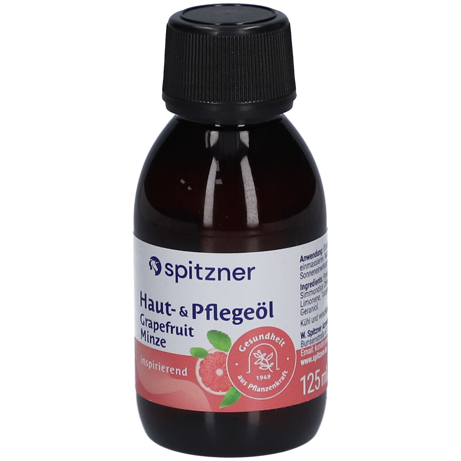 Braune Flasche mit schwarzem Deckel. Etikett mit Spitzner-Logo, Produktbezeichnung und Inhaltsangabe. 125 ml.