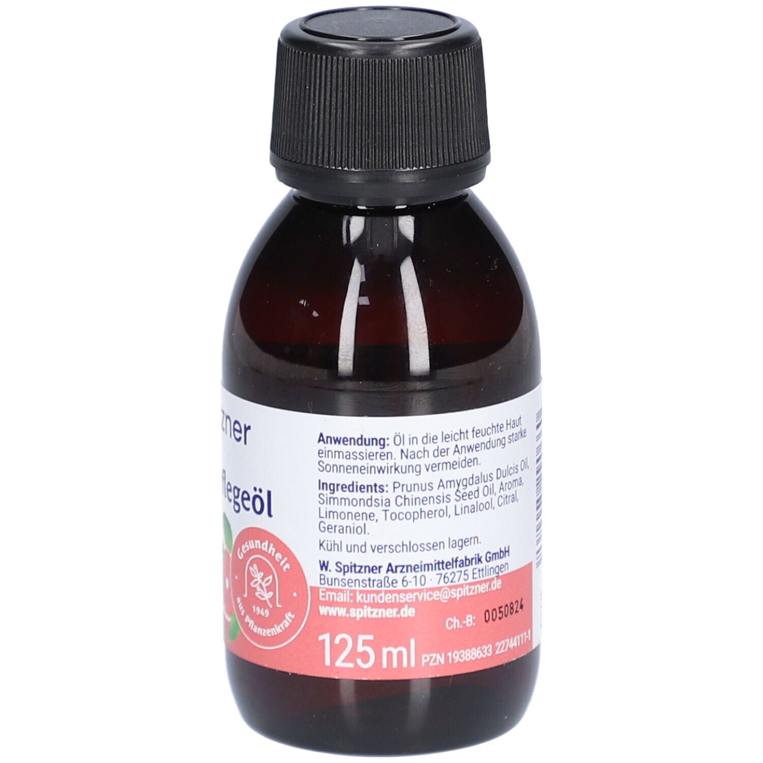 Braune Flasche mit schwarzem Deckel. Etikett mit Produktinformationen, Inhaltsstoffen und Herstellerangaben. 125 ml.