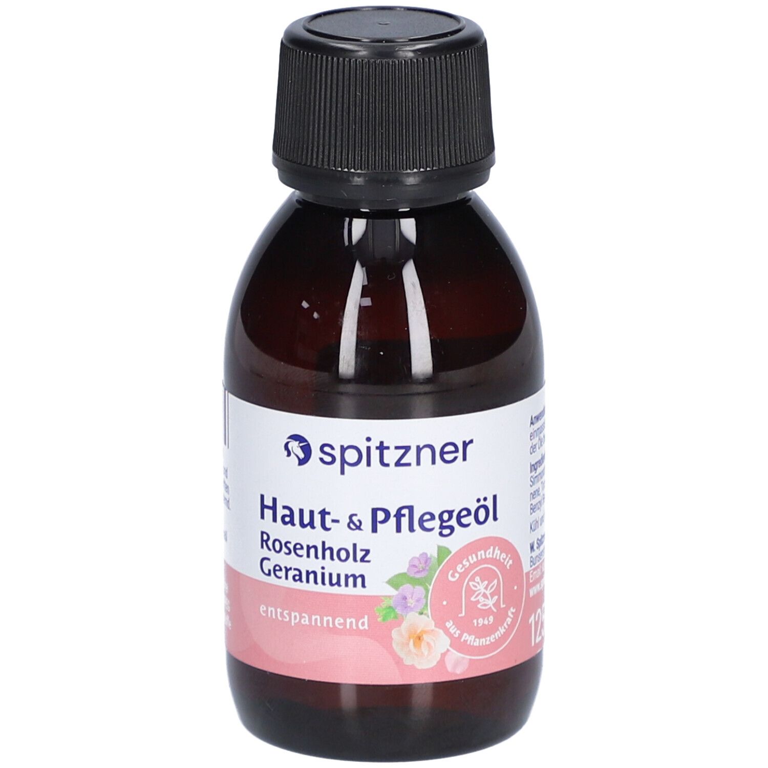Flacon en verre brun avec bouchon noir. Inscription: Spitzner Huile de soin Rosenholz Geranium. Relaxant.
