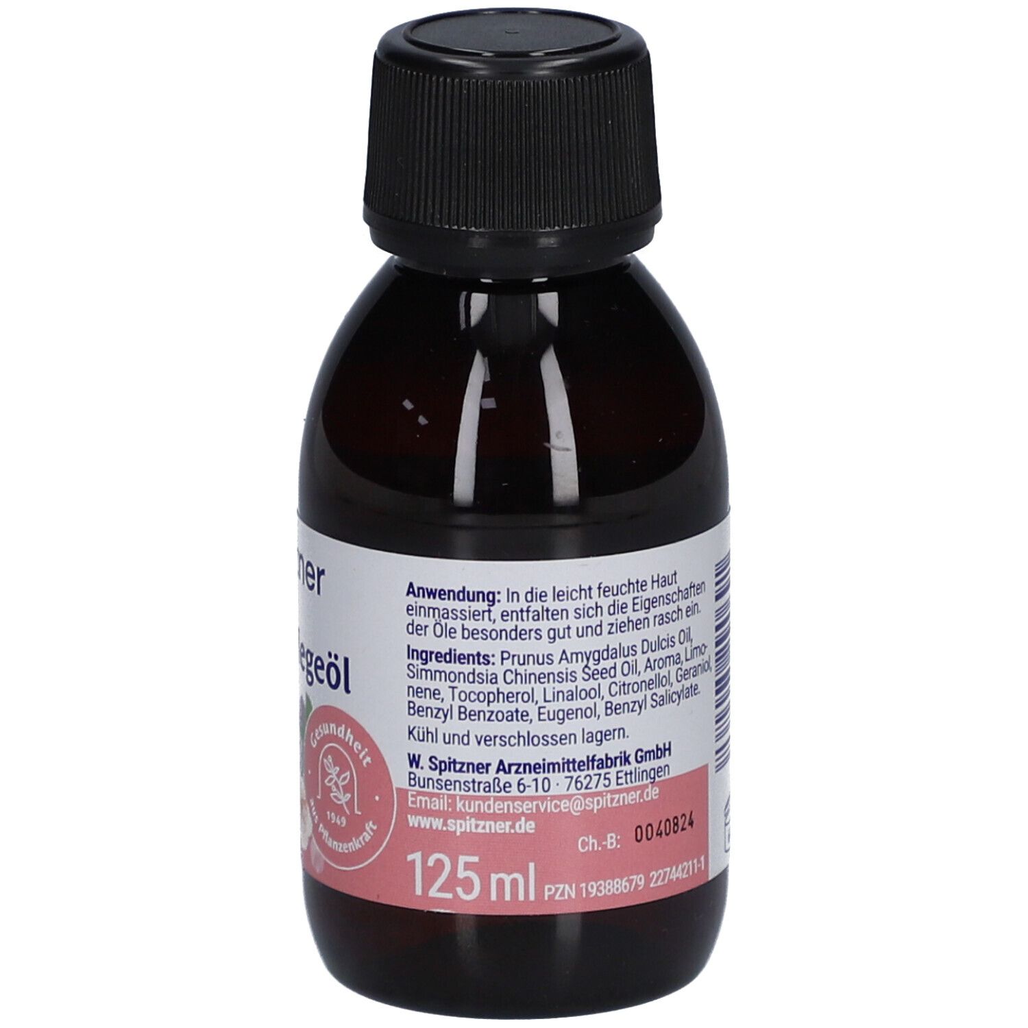 Flacon en verre brun avec bouchon noir. Inscription: Spitzner Huile de soin Rosenholz Geranium. 125 ml. Ingrédients.