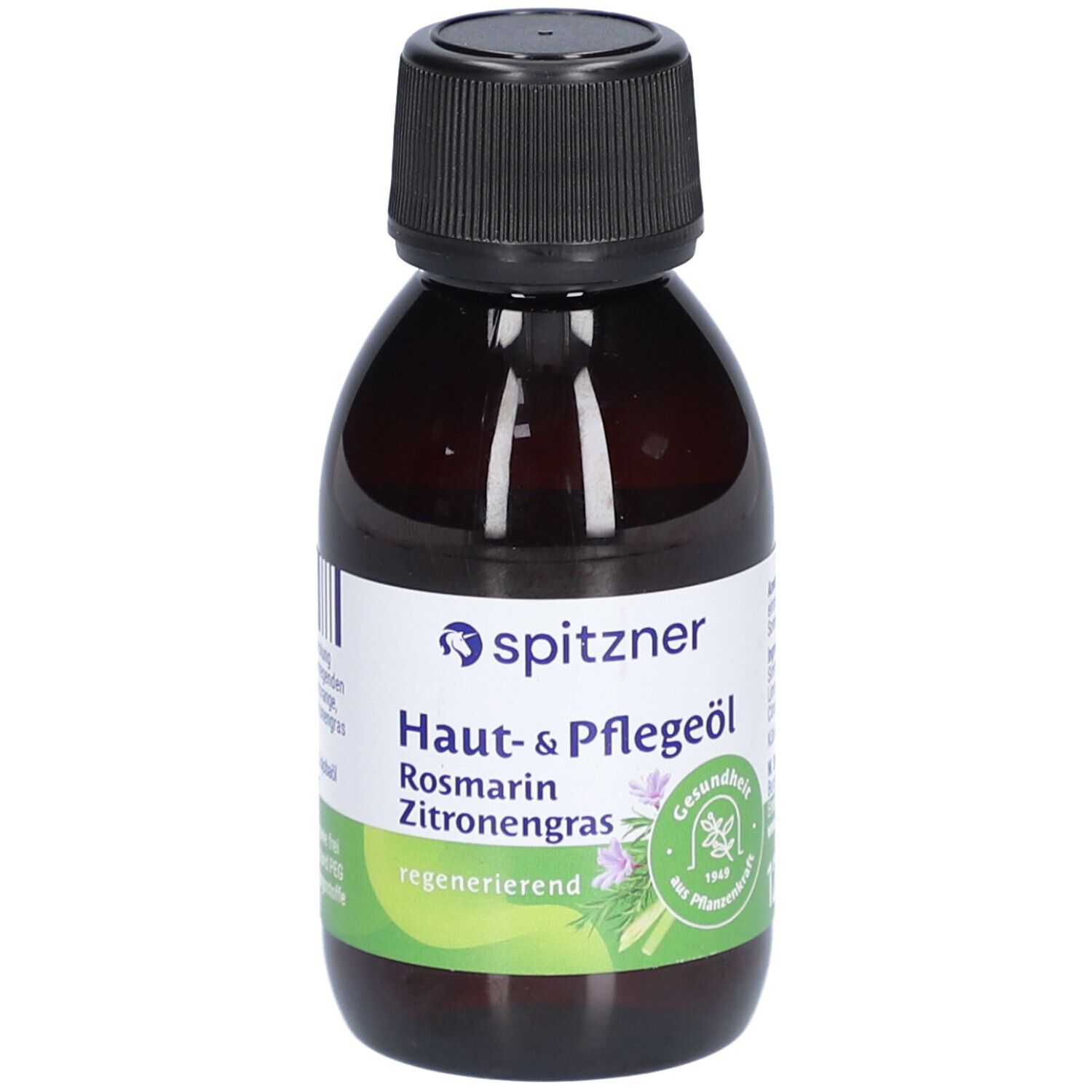 Braune Glasflasche mit schwarzem Deckel. Etikett mit Produktnamen und Logo.