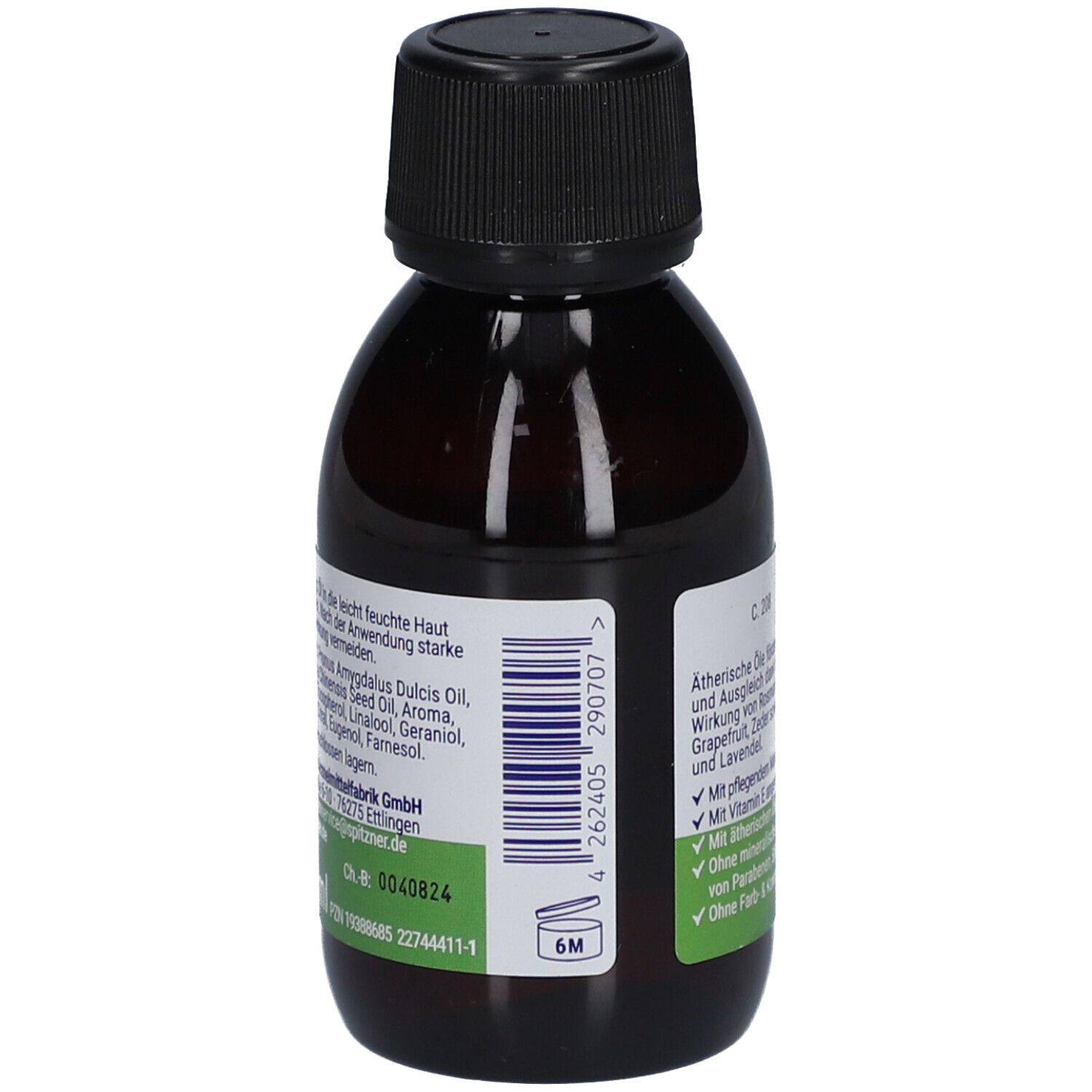 Braune Glasflasche mit schwarzem Deckel. Etikett mit Inhaltsstoffen und Barcode.