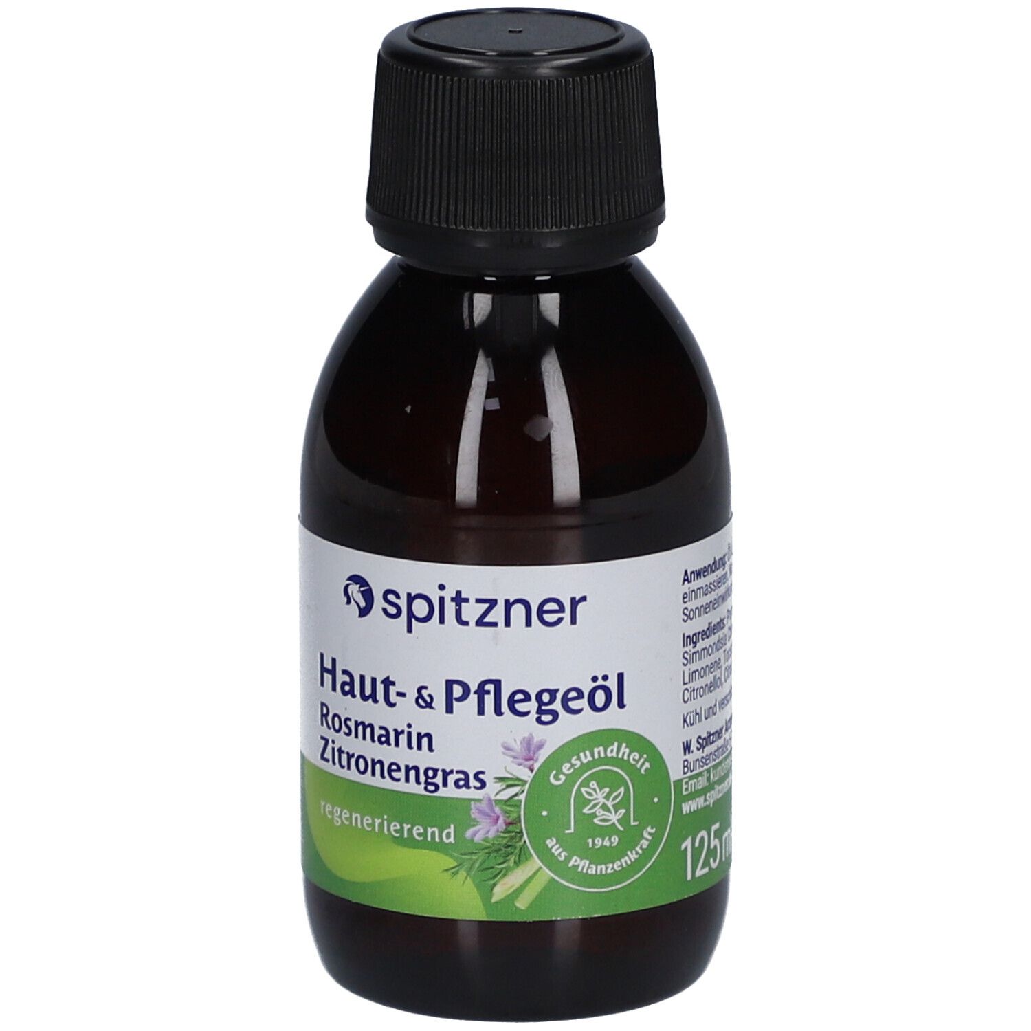Braune Glasflasche mit schwarzem Deckel. Etikett mit Produktnamen, Logo und Volumen.