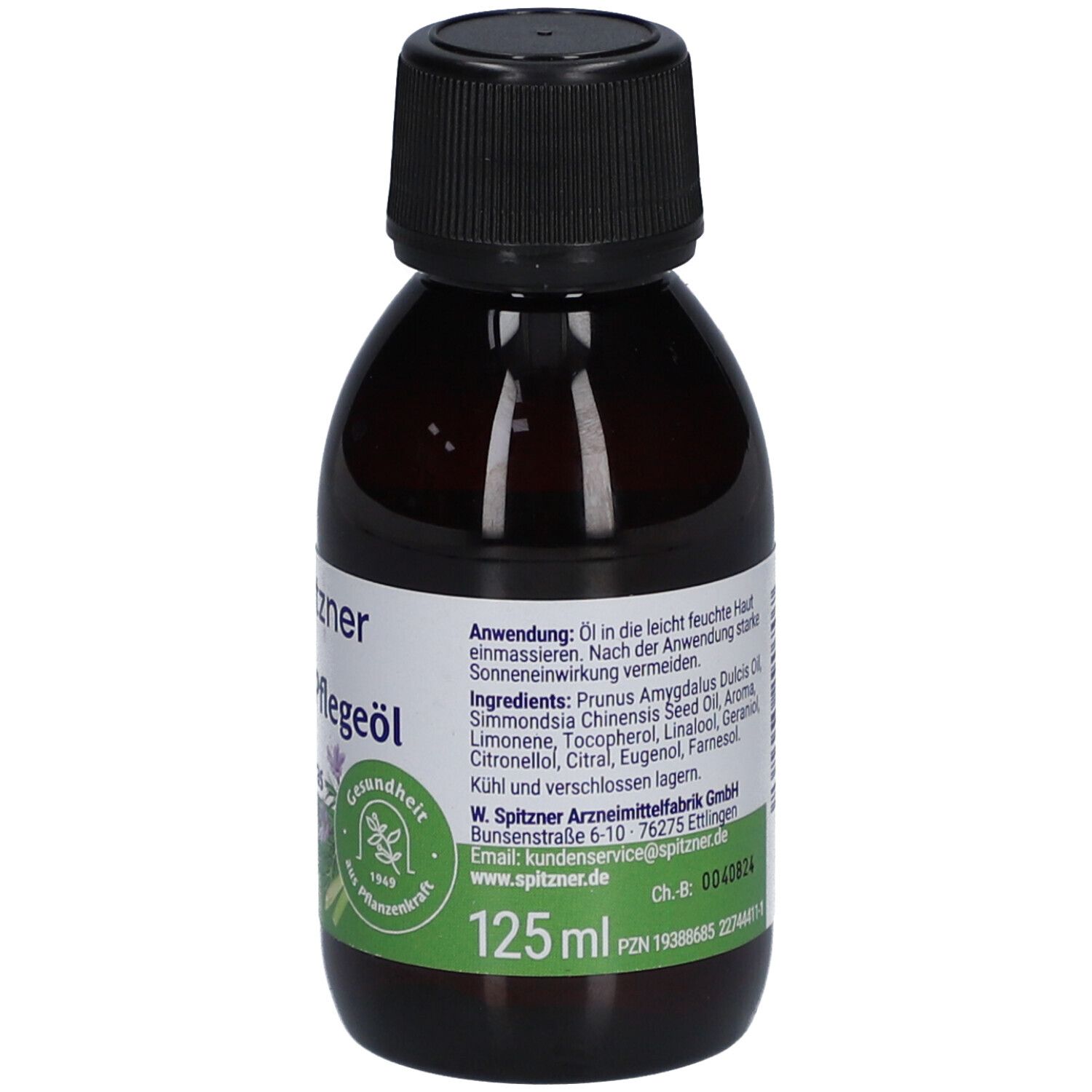 Braune Glasflasche mit schwarzem Deckel. Etikett mit Produktnamen, Logo, Volumen und Inhaltsstoffen.