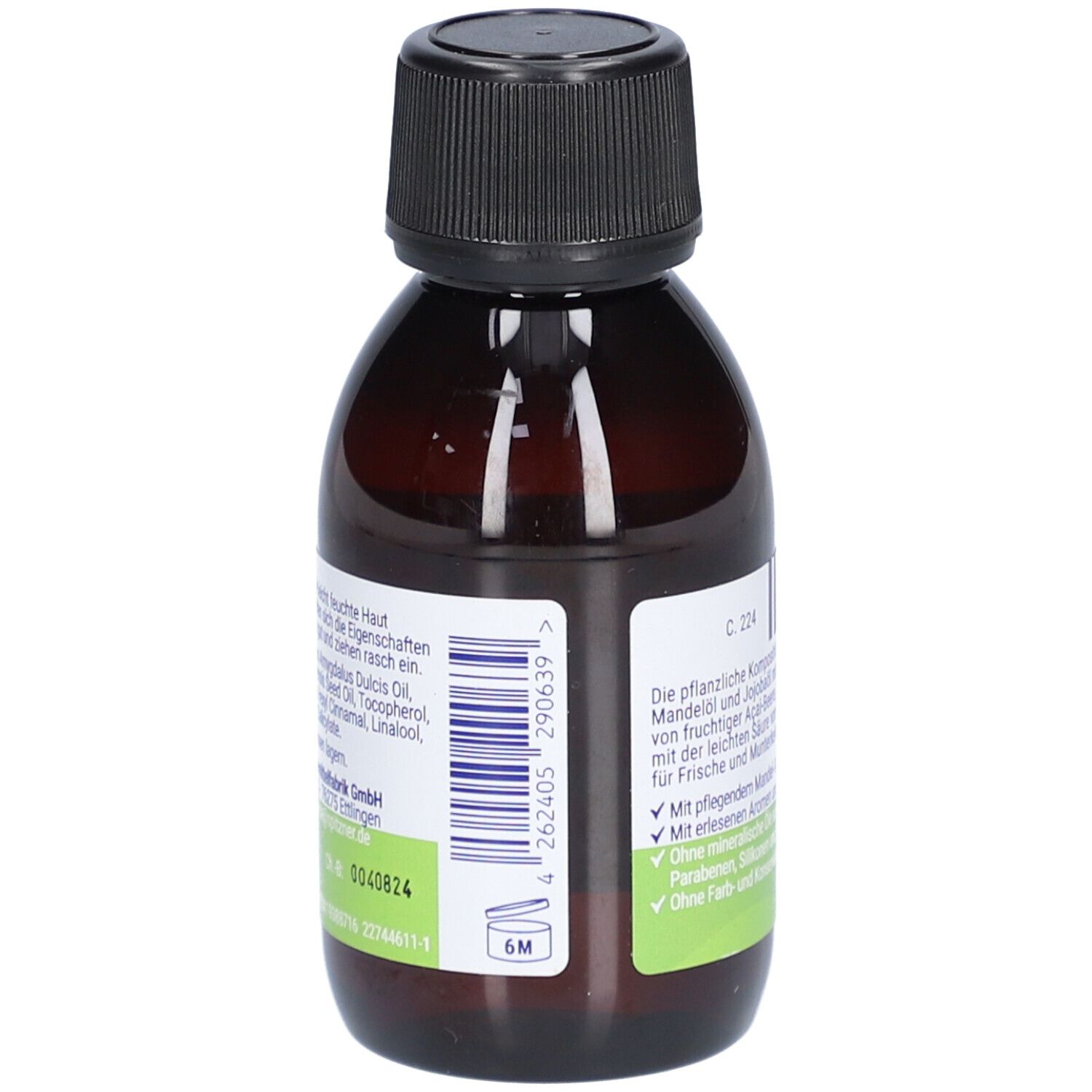 Flacon brun avec bouchon noir. Inscription : Spitzner Haut- & Pflegeöl Acai-Yuzu. Texte et informations sur l'utilisation.