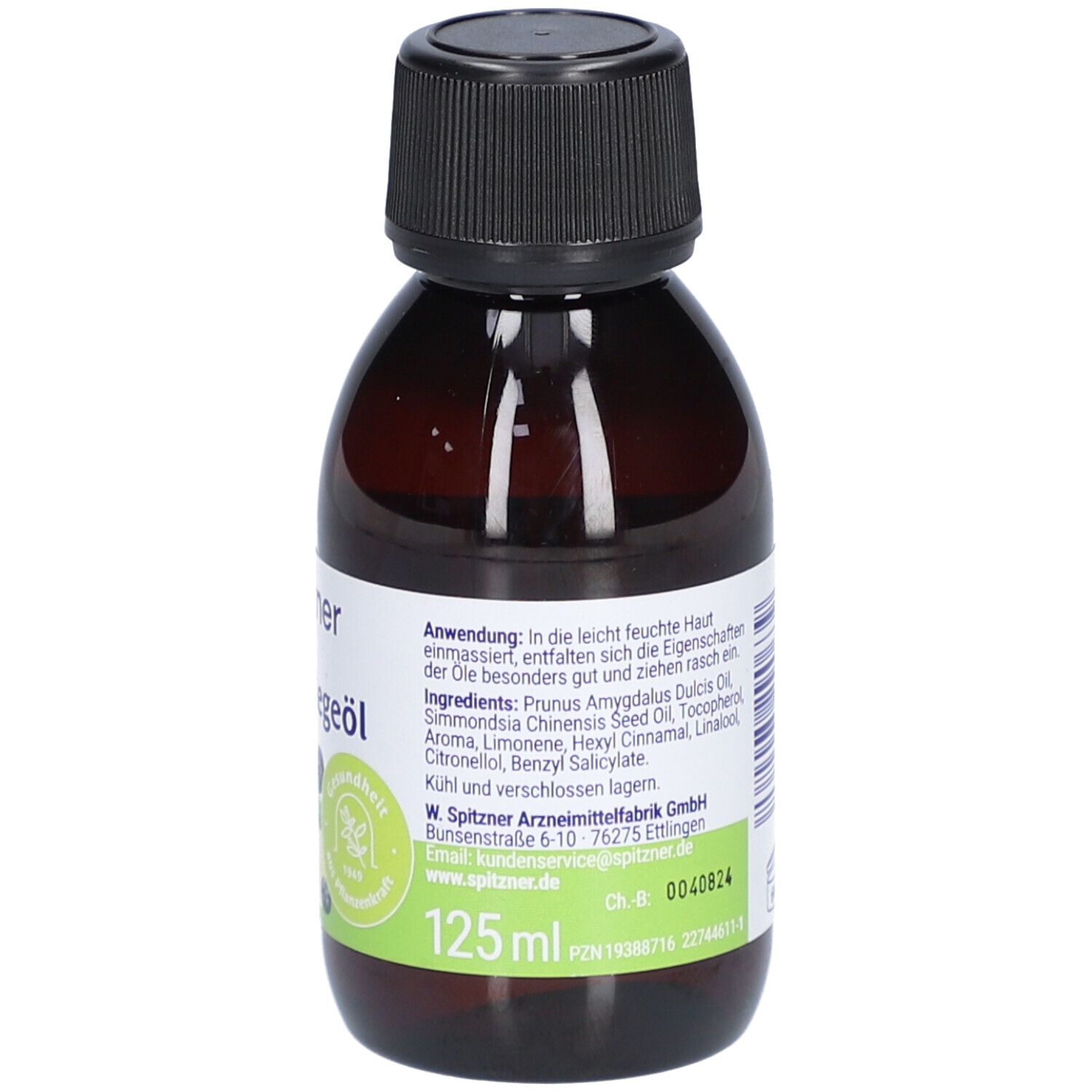 Flacon brun avec bouchon noir. Inscription : Spitzner Haut- & Pflegeöl Acai-Yuzu. Avec logo, certification et indication de volume.