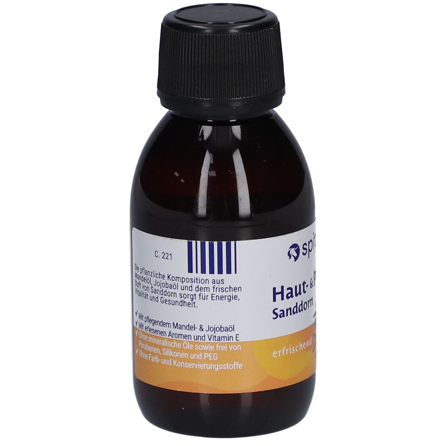 Braune Glasflasche mit schwarzem Verschluss. Etikett mit Produktinformationen und Barcode. Text über Inhaltsstoffe.