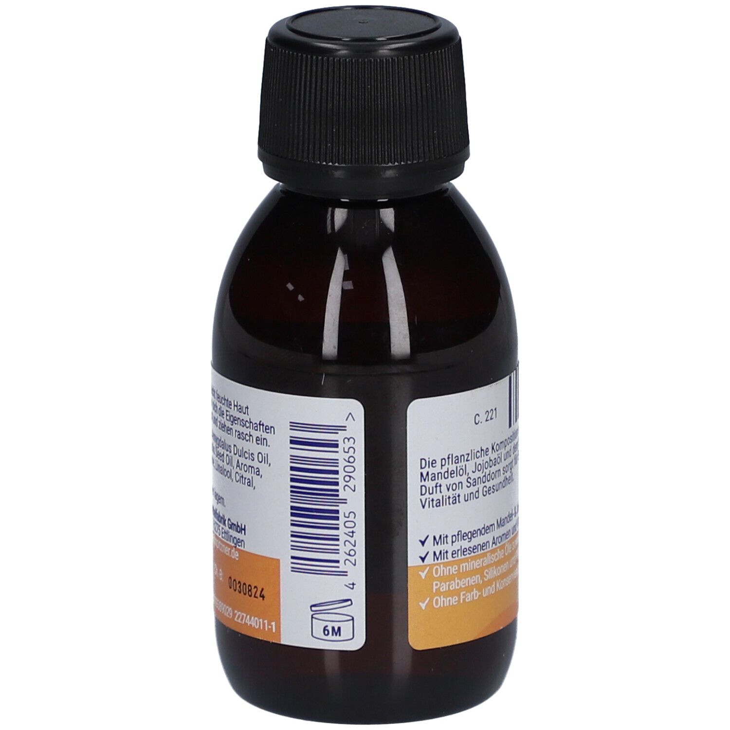 Braune Glasflasche mit schwarzem Verschluss. Etikett mit Barcode, Text und 6M-Symbol. Orangefarbener Kreis.