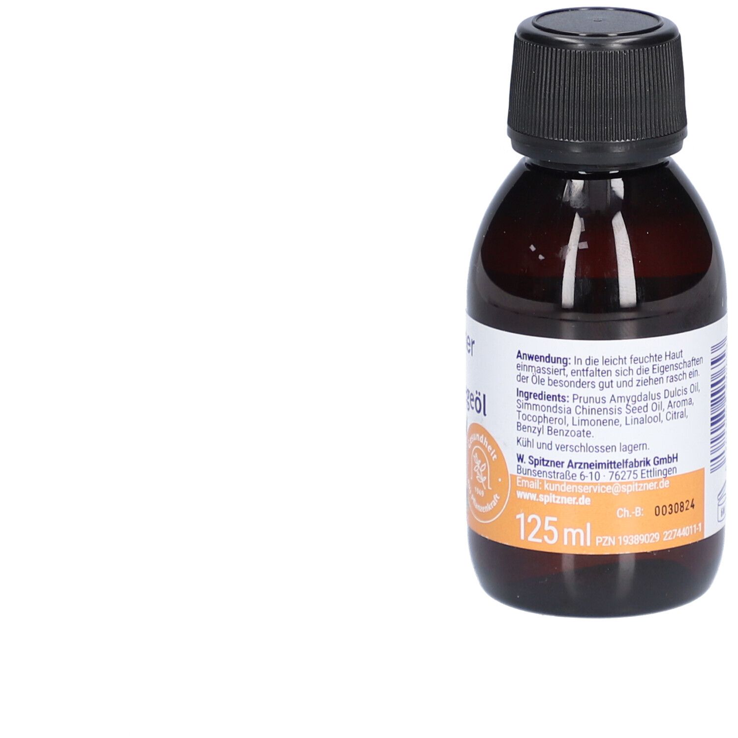 Braune Glasflasche mit schwarzem Verschluss. Etikett mit Produktnamen und Text. Orangefarbener Kreis mit Text.