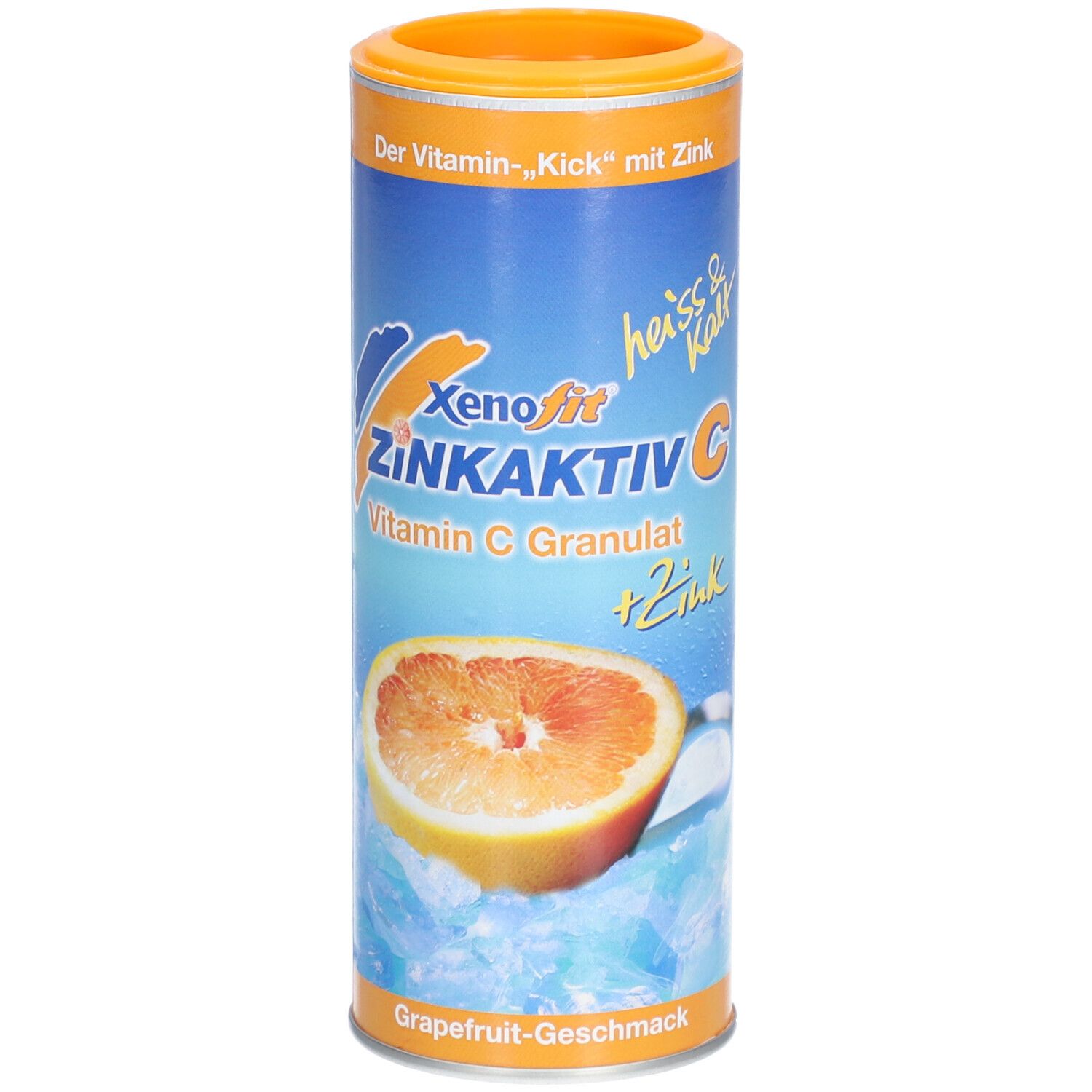 Zylindrische Dose mit Xenofit Zinkaktiv C. Orange Deckel, blau-silberne Hülle mit Grapefruit-Abbildung. Text: Vitamin C Granulat.