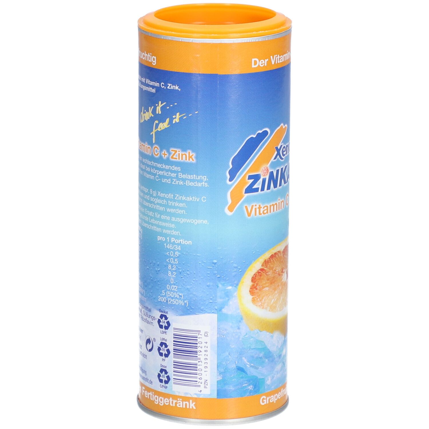 Zylindrische Dose Xenofit Zinkaktiv C. Rückseite mit Text und Nährwertangaben. Orange Deckel und Boden. Grapefruit-Abbildung.