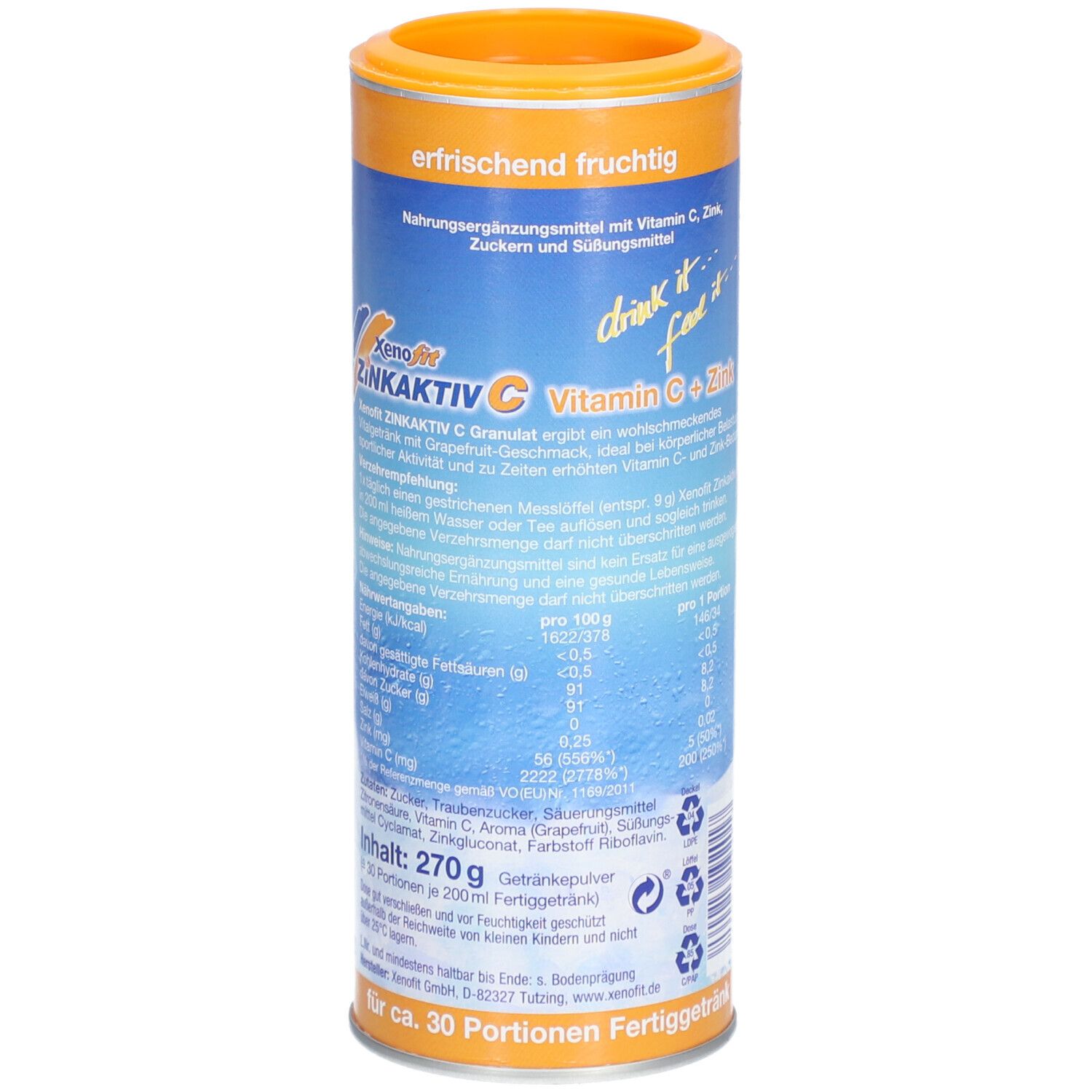 Zylindrische Dose Xenofit Zinkaktiv C. Rückseite mit Text und Nährwertangaben. Orange Deckel und Boden. 270g Inhalt.