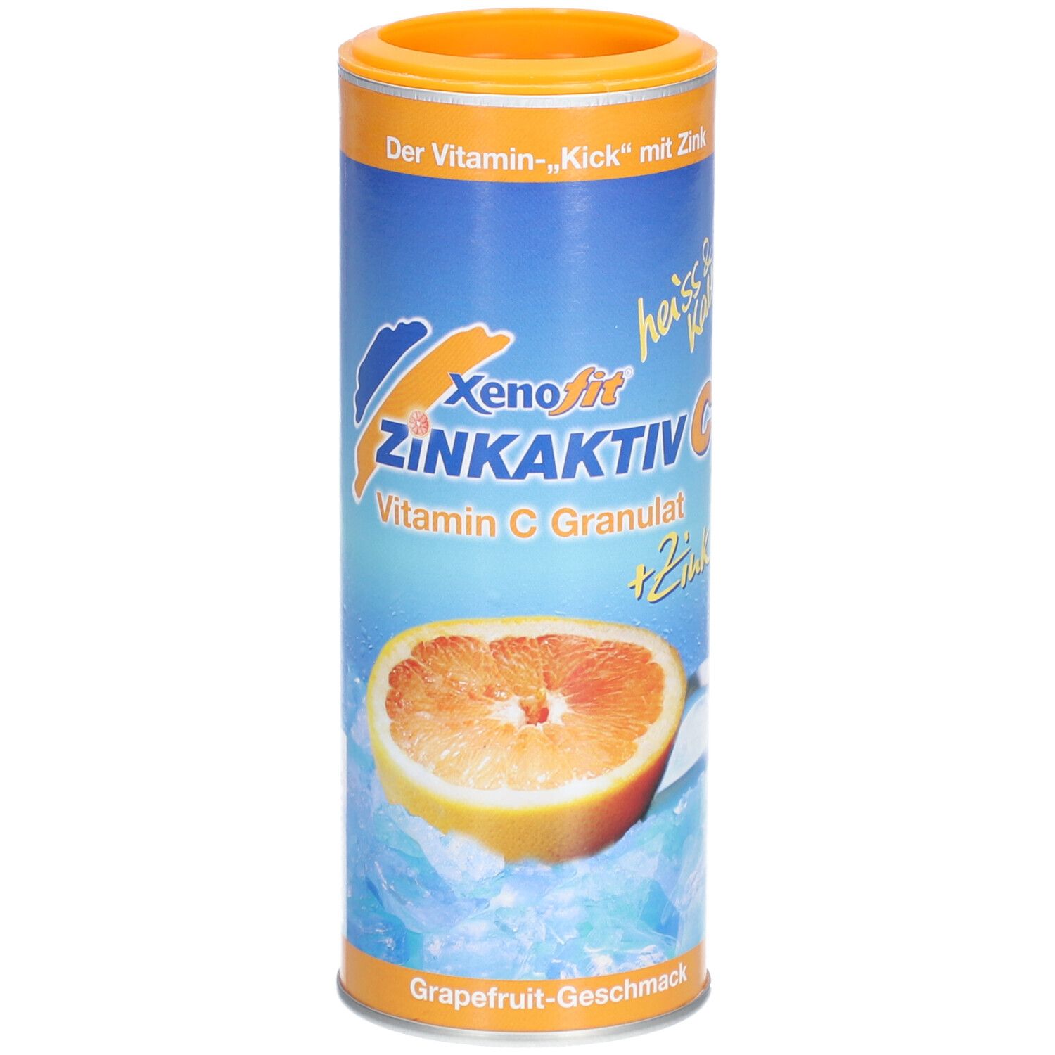 Zylindrische Dose Xenofit Zinkaktiv C. Orange Deckel, blau-silberne Hülle mit Grapefruit-Abbildung. Text: Vitamin C Granulat.