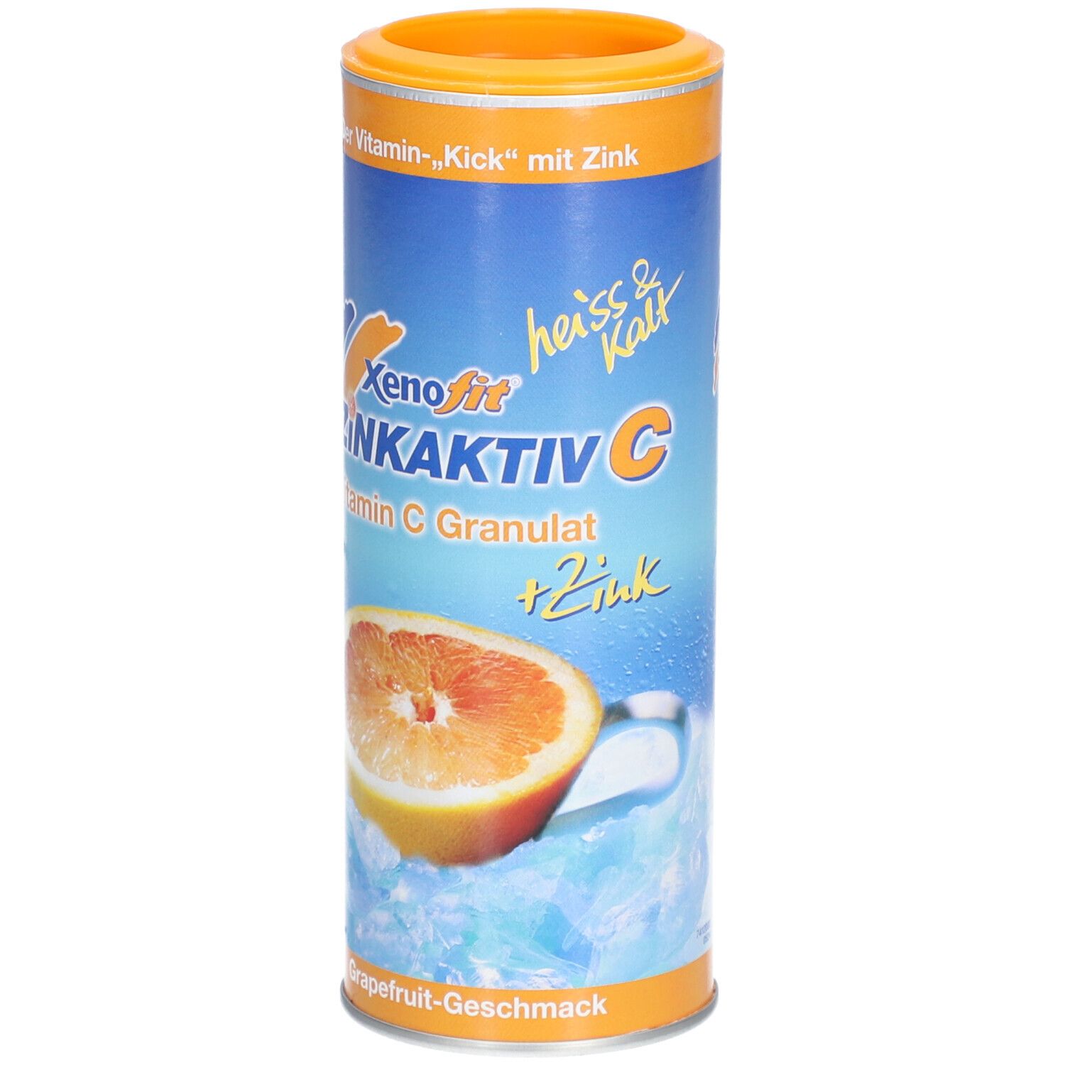 Zylindrische Dose Xenofit Zinkaktiv C. Orange Deckel, blau-silberne Hülle mit Grapefruit-Abbildung. Text: Vitamin C Granulat.