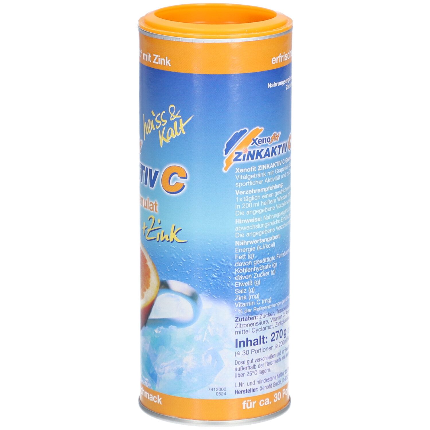 Zylindrische Dose Xenofit Zinkaktiv C. Rückseite mit Text und Nährwertangaben. Orange Deckel und Boden. Grapefruit-Abbildung.