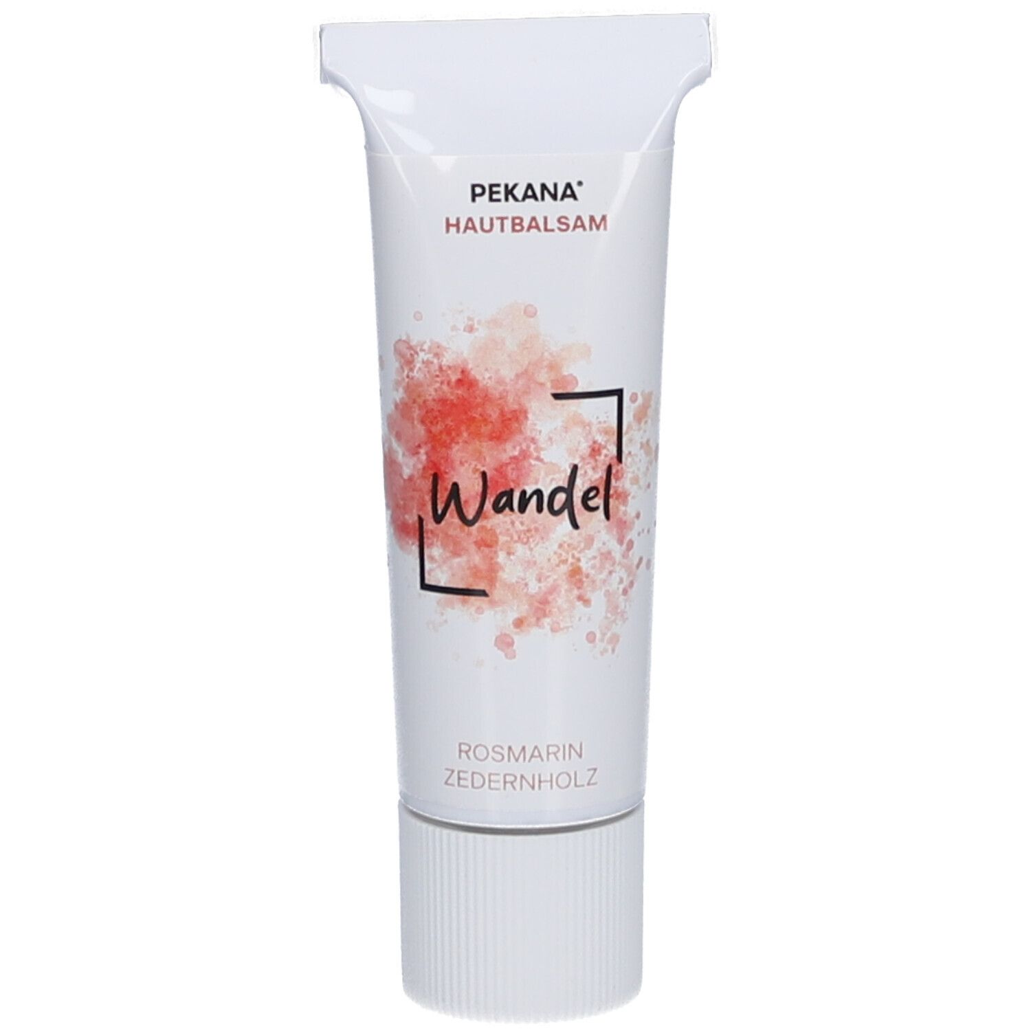 Tube de crème PEKANA Hautbalsam Wandel. Ingrédients : romarin et bois de cèdre. Design blanc.
