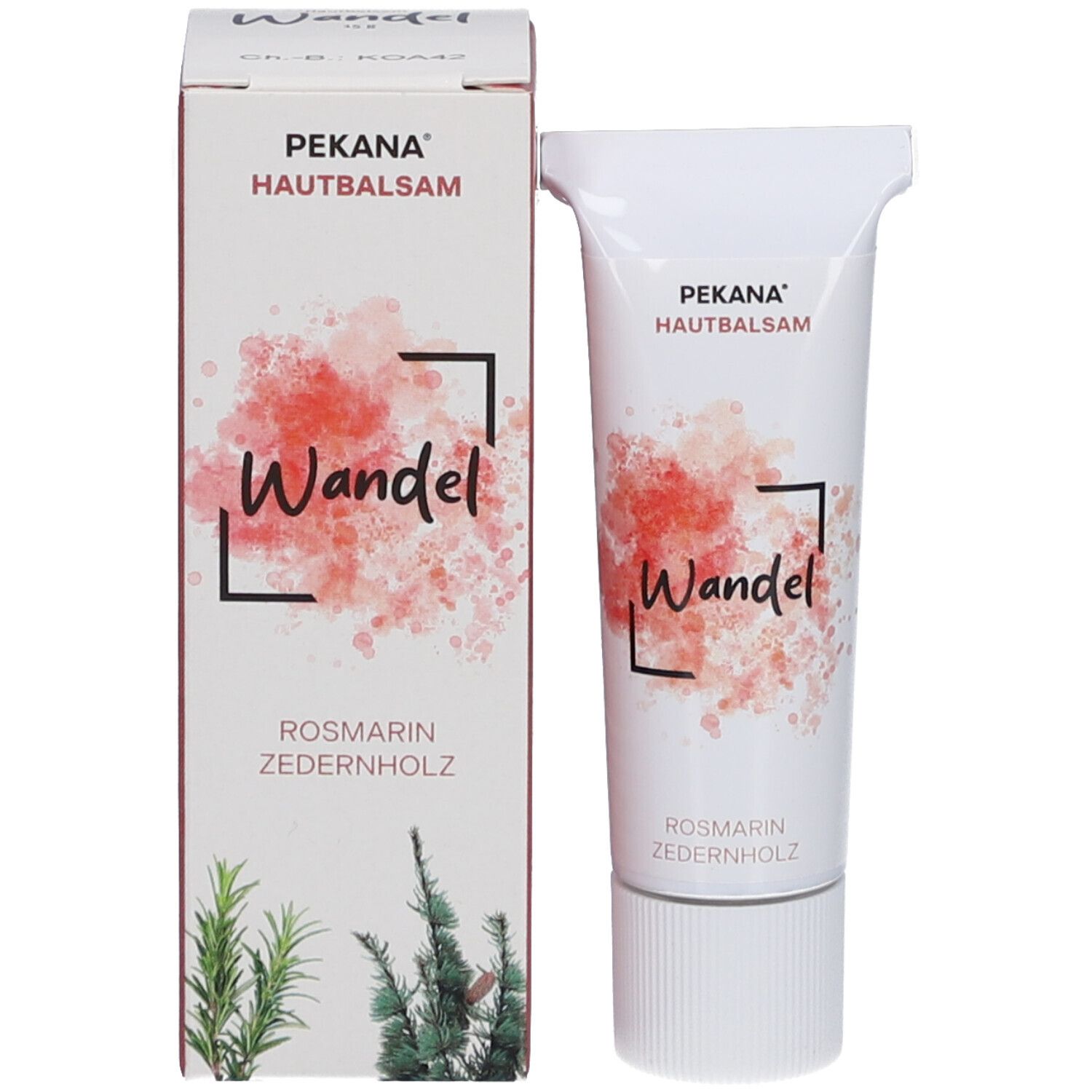 Emballage du produit avec tube et boîte. Impression PEKANA Hautbalsam Wandel. Boîte avec illustration de plantes.