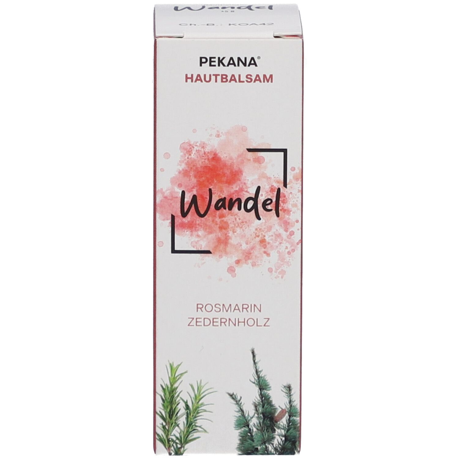 Emballage en carton avec le nom du produit PEKANA Hautbalsam Wandel. Illustration de plantes et informations sur le produit.