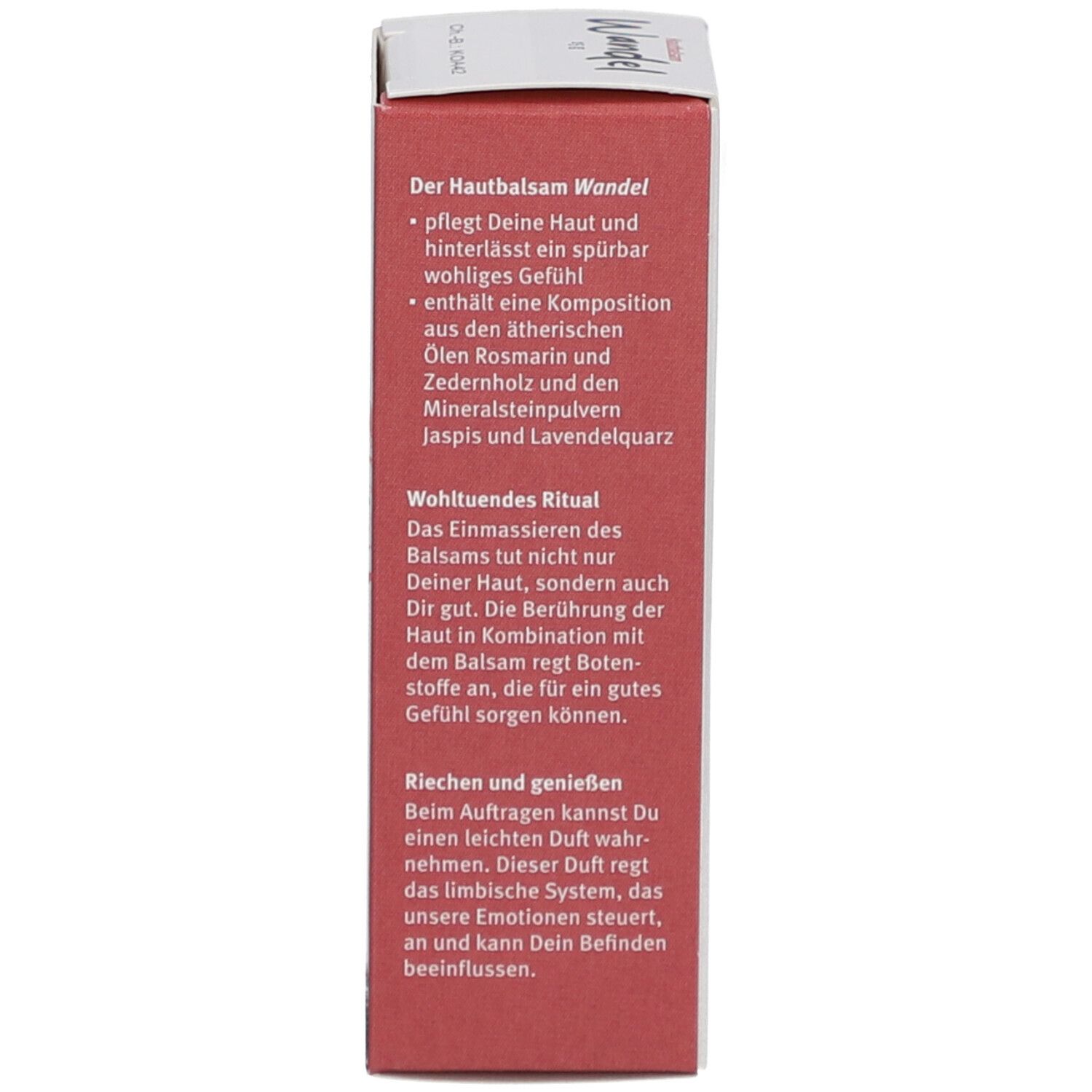 Côté de l'emballage en carton avec description du produit et informations. Texte en allemand.