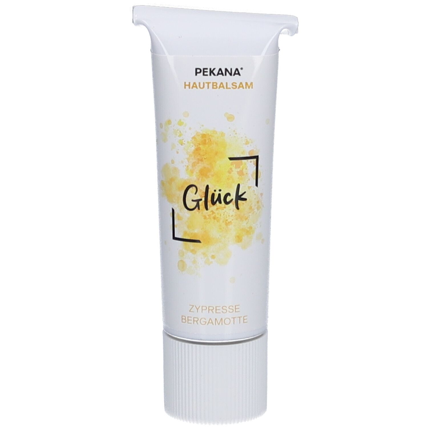 Tube blanche avec texte PEKANA Hautbalsam Glück, taches jaunes et texte. Zypresse Bergamotte.