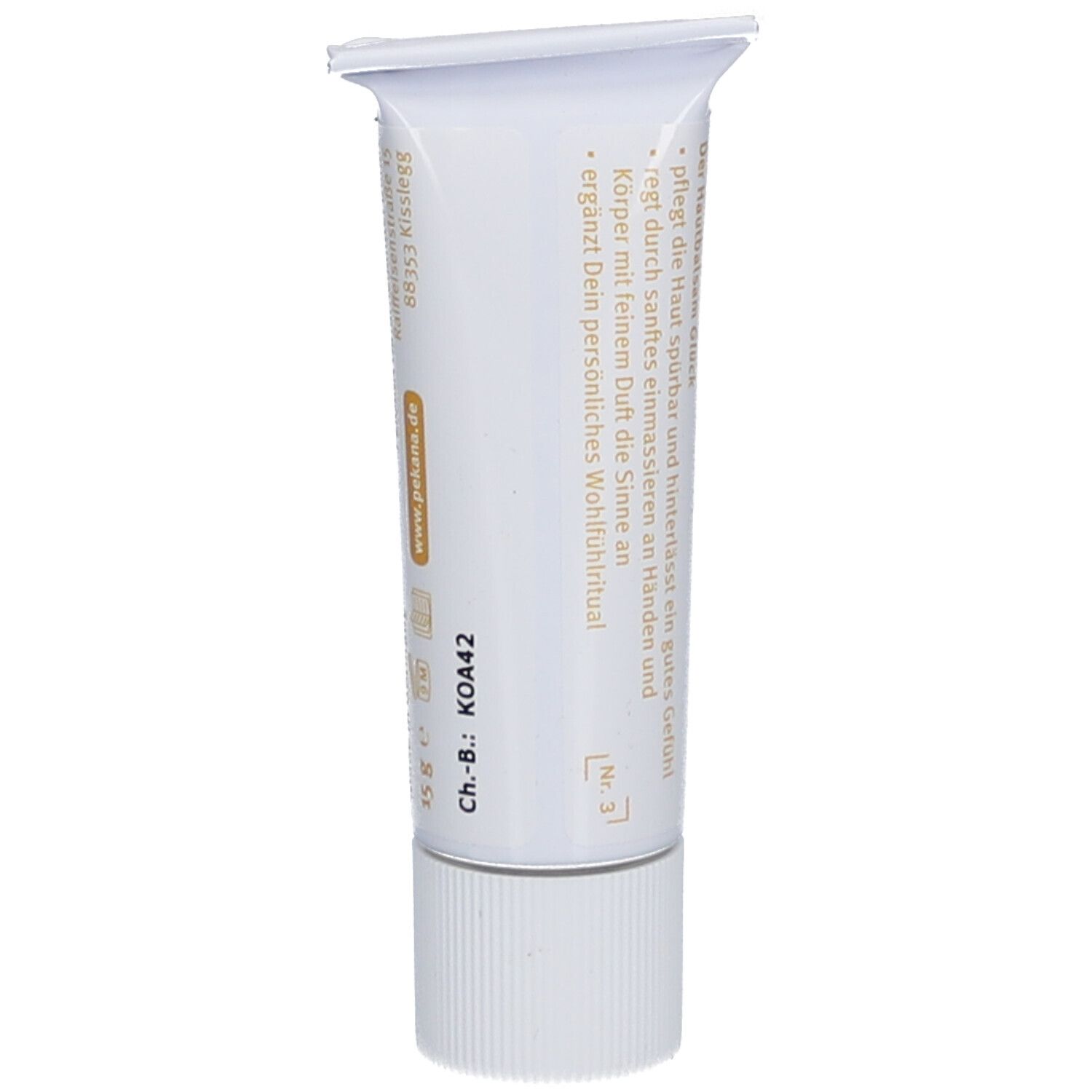 Dos d'un tube blanc. Texte et logo. Inscription : KOA42. Informations du fabricant.