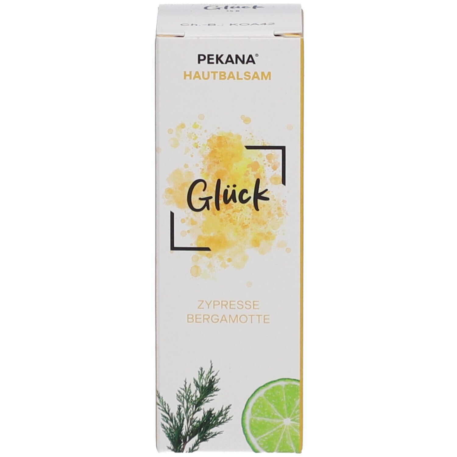 Boîte blanche avec PEKANA Hautbalsam Glück, taches jaunes, texte et illustration de cyprès et citron vert.