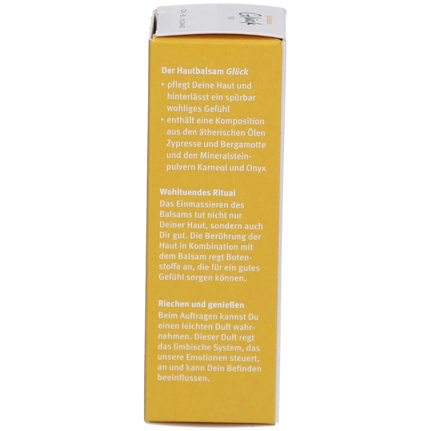 Vue latérale de l'emballage du produit. Extraits de texte sur les propriétés du produit et le rituel.