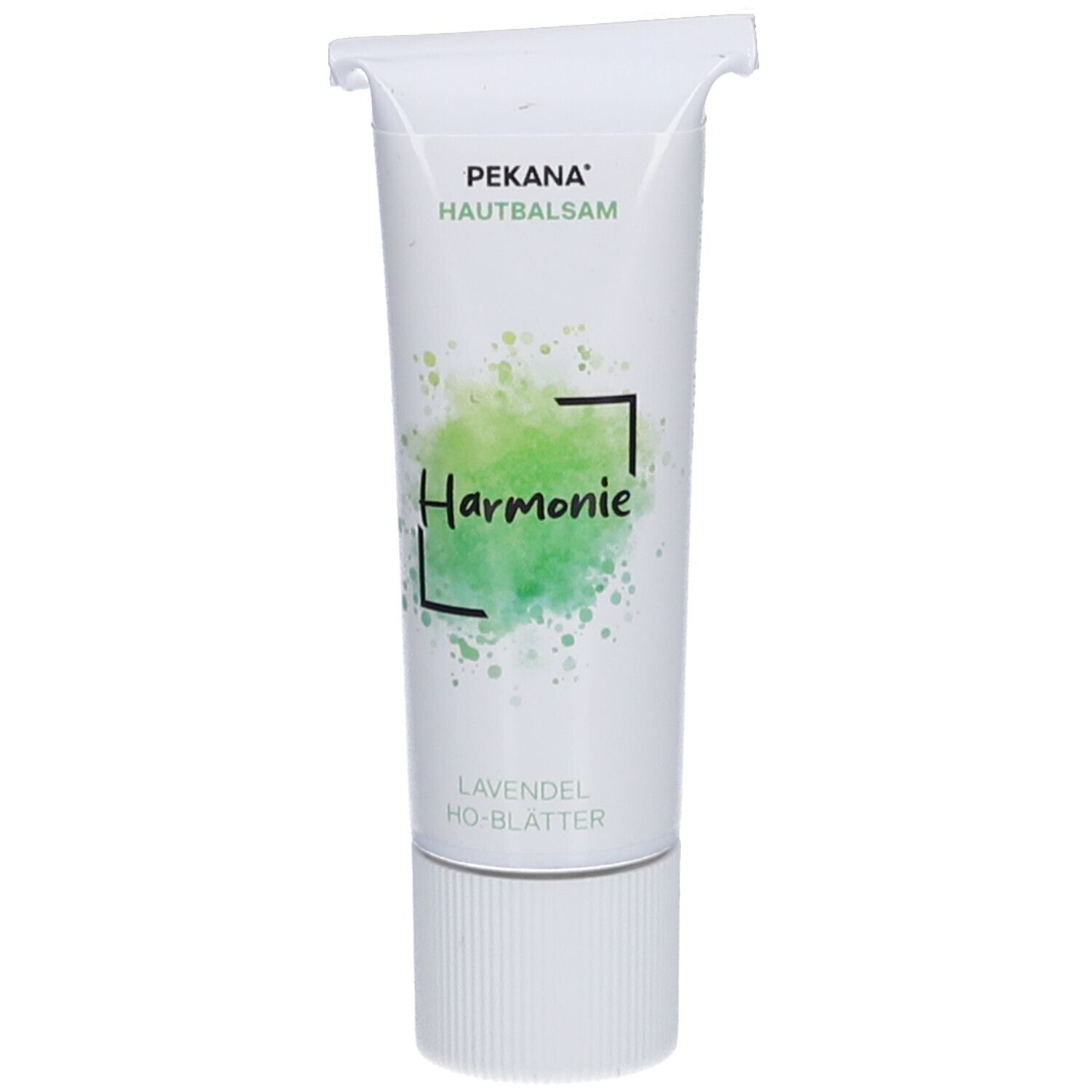Weiß-grüne Tube mit PEKANA Hautbalsam. Aufschrift 'Harmonie' und 'Lavendel Ho-Blätter'.