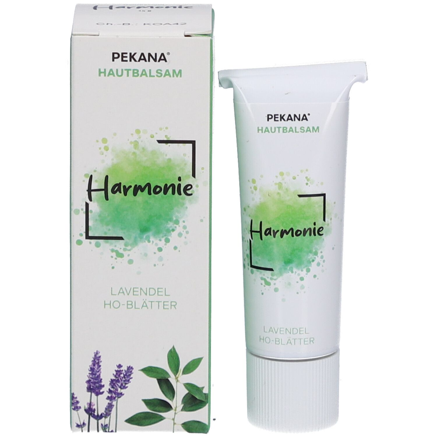 Produktverpackung mit Tube und Karton. Karton mit 'Harmonie' und Lavendel-Illustration.
