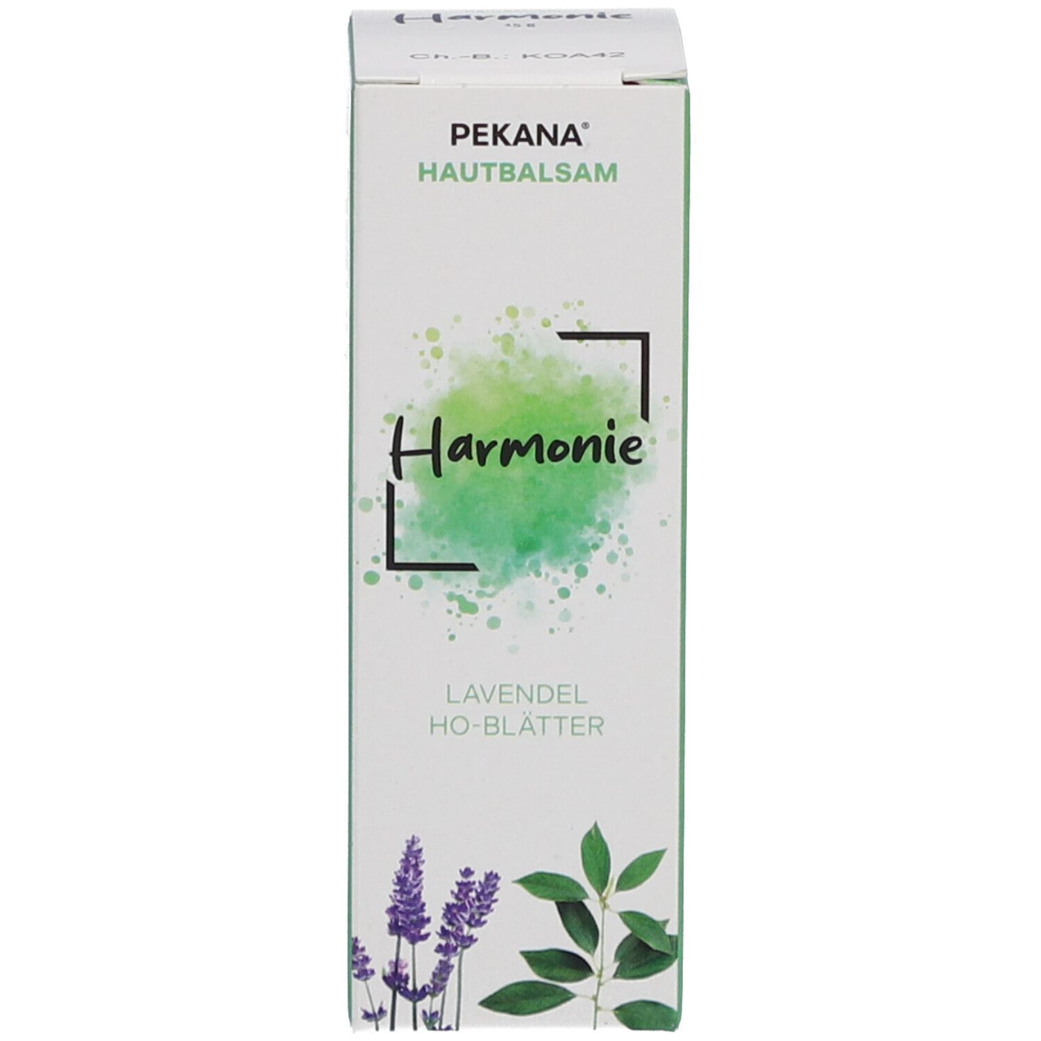 Kartonverpackung mit 'PEKANA Hautbalsam Harmonie'. Illustration von Lavendel und Blättern.