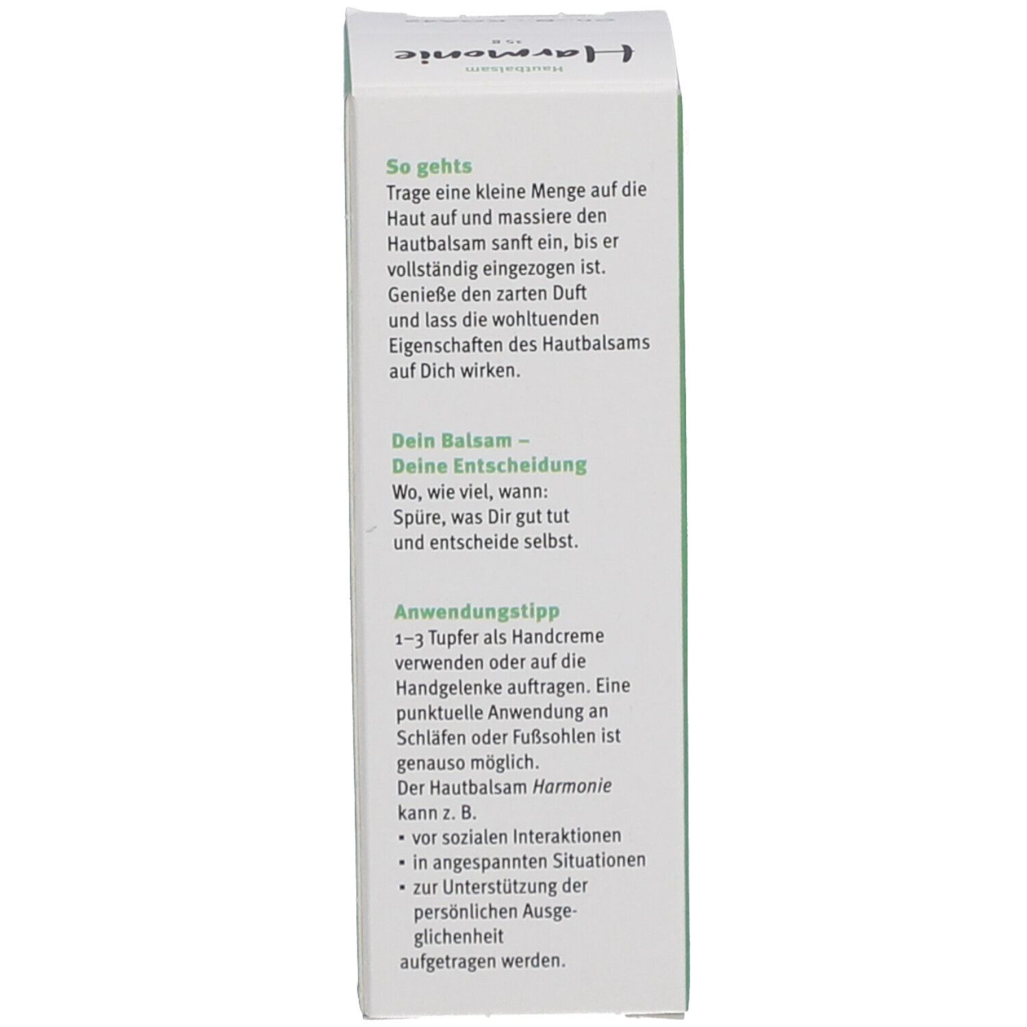 Seite der Kartonverpackung. Anwendungshinweise in deutscher Sprache.