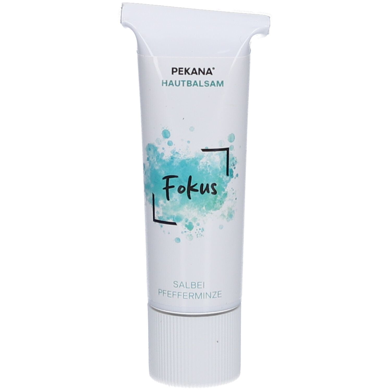 Weiß-blaue Tube mit Produktnamen und Aufschrift 'Fokus'. Enthält Salbei und Pfefferminze. Oben offene Öffnung.