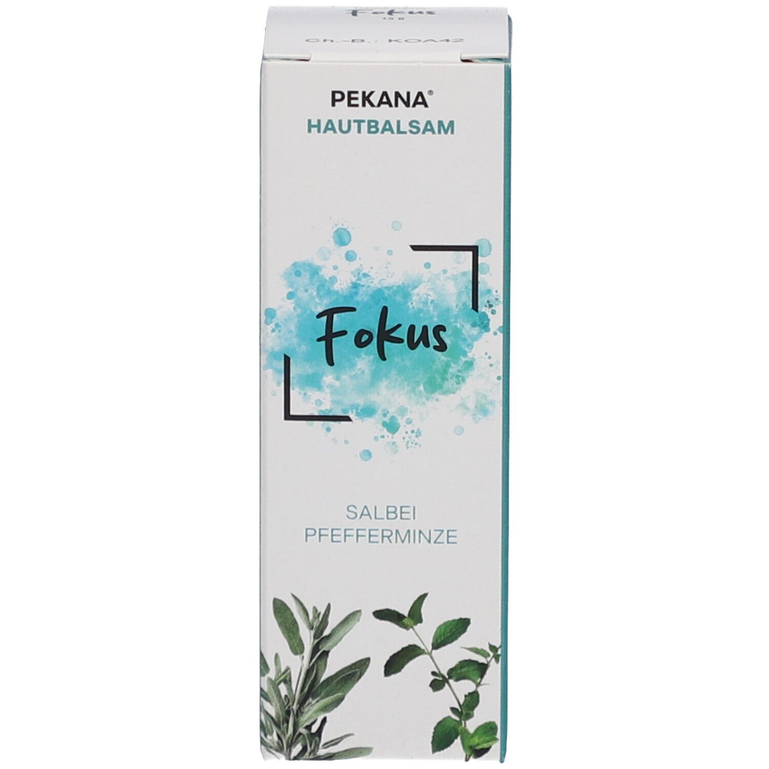 Produktbox mit Produktnamen und Inhaltsstoffen. Enthält Salbei und Pfefferminze. Grün-weißes Design.