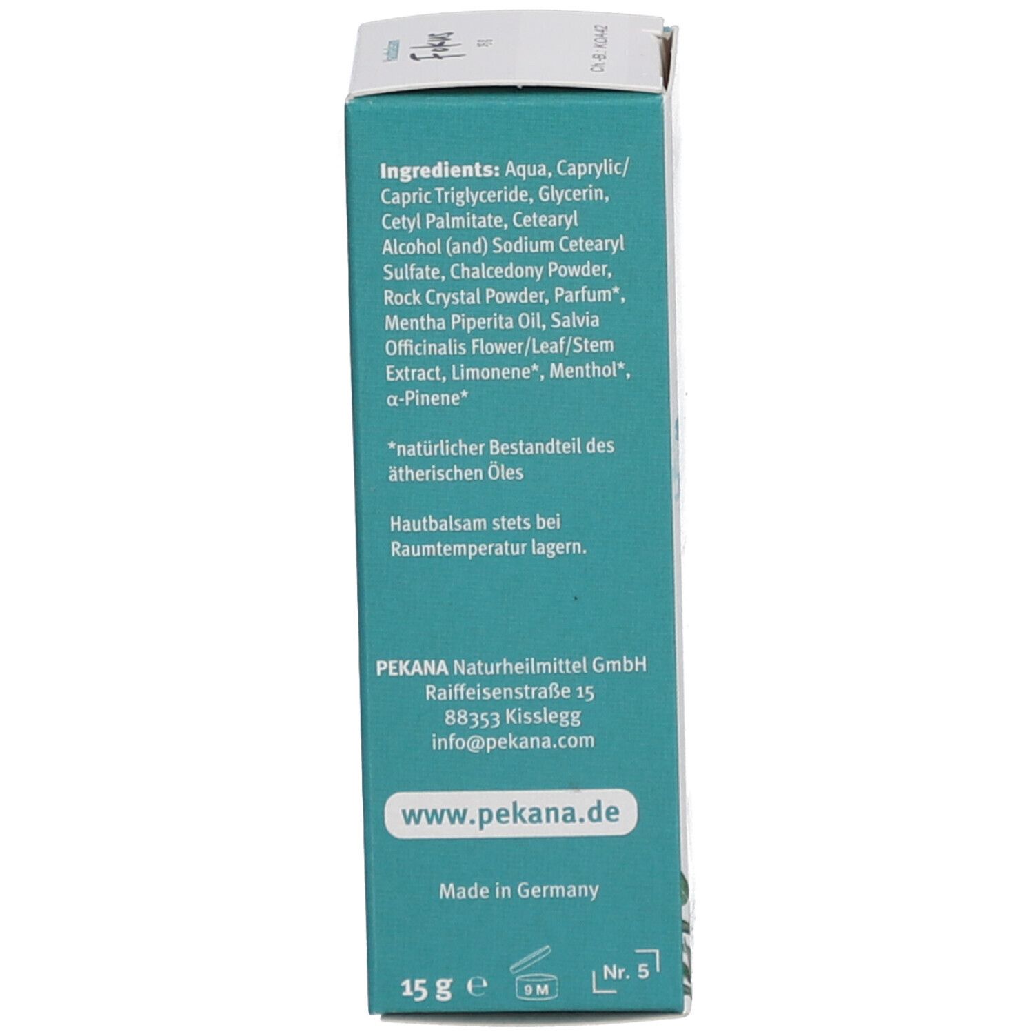 Rückseite der Produktbox. Auflistung der Inhaltsstoffe, Herstellerinformationen und Herkunftsland.