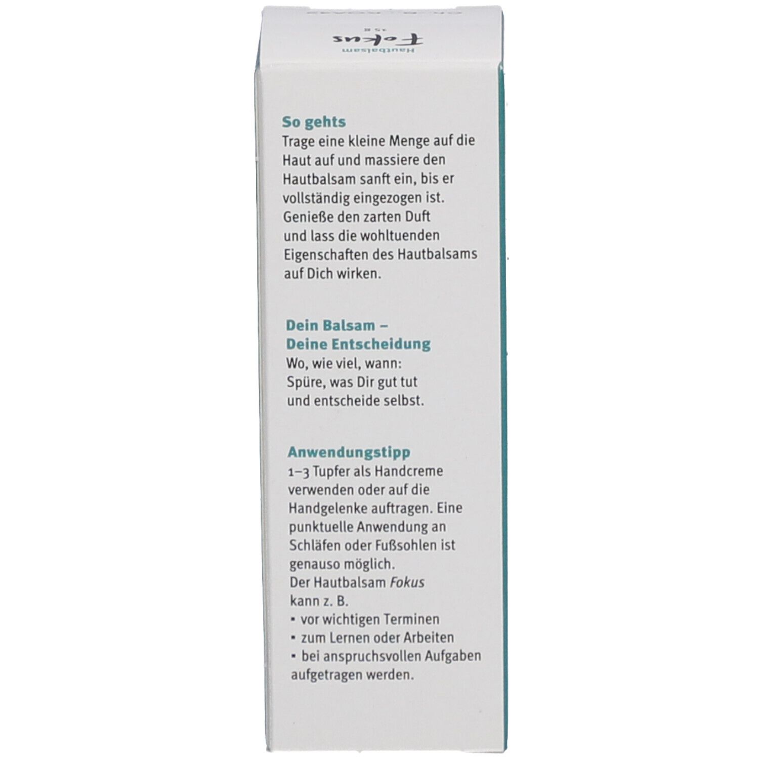 Seite der Produktbox. Anwendungs- und Dosierungshinweise. Text in deutscher Sprache.