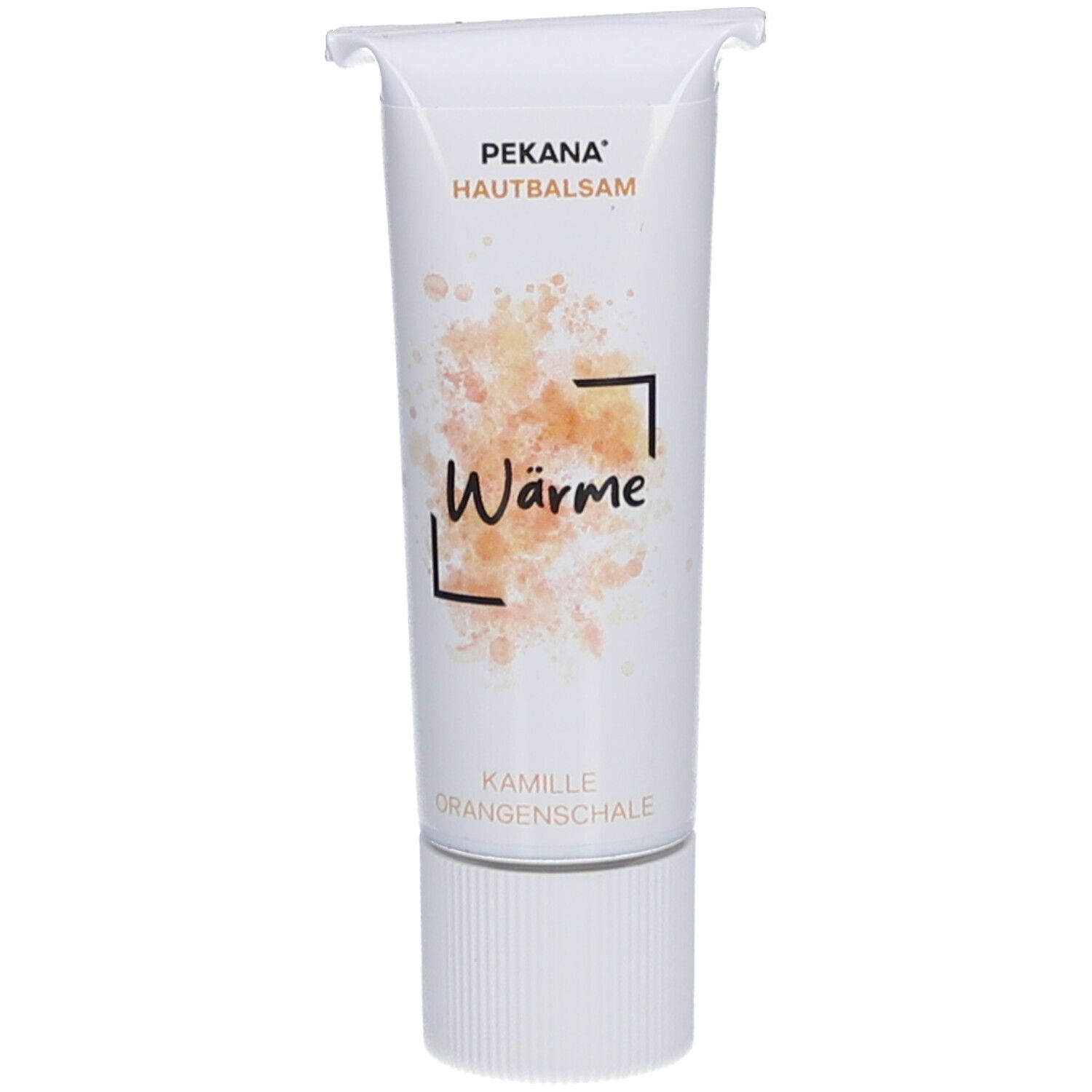 Tube blanche et transparente de PEKANA Hautbalsam. Inscription : Wärme, Kamille, Orangenschale. Bouchon à vis blanc.